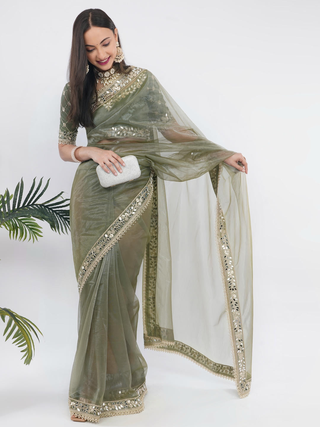Samantha Mehendi Green Nettwill Net Saree With Elegant Embroidery And Unstitched Blouse Piece For Women Party Wear