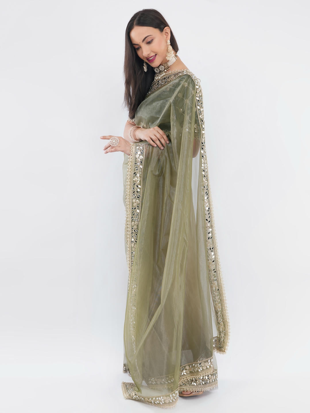 Samantha Mehendi Green Nettwill Net Saree With Elegant Embroidery And Unstitched Blouse Piece For Women Party Wear