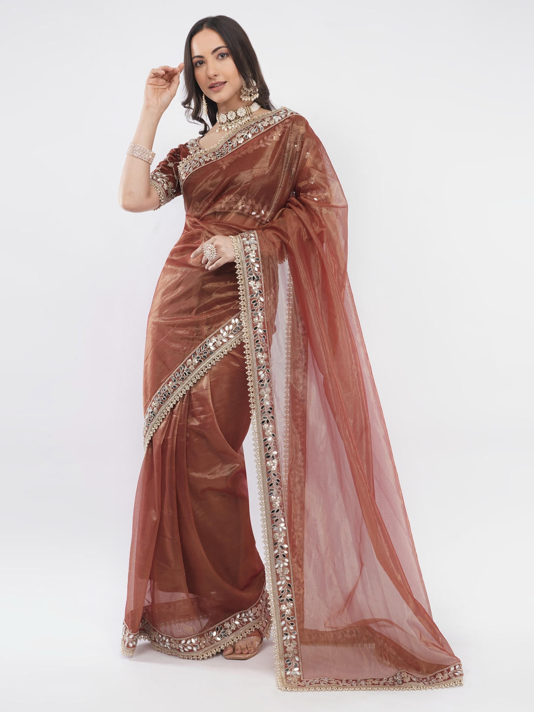 Samantha Rusty Brown Nettwill Net Saree With Elegant Embroidery And Unstitched Blouse Piece For Women Party Wear