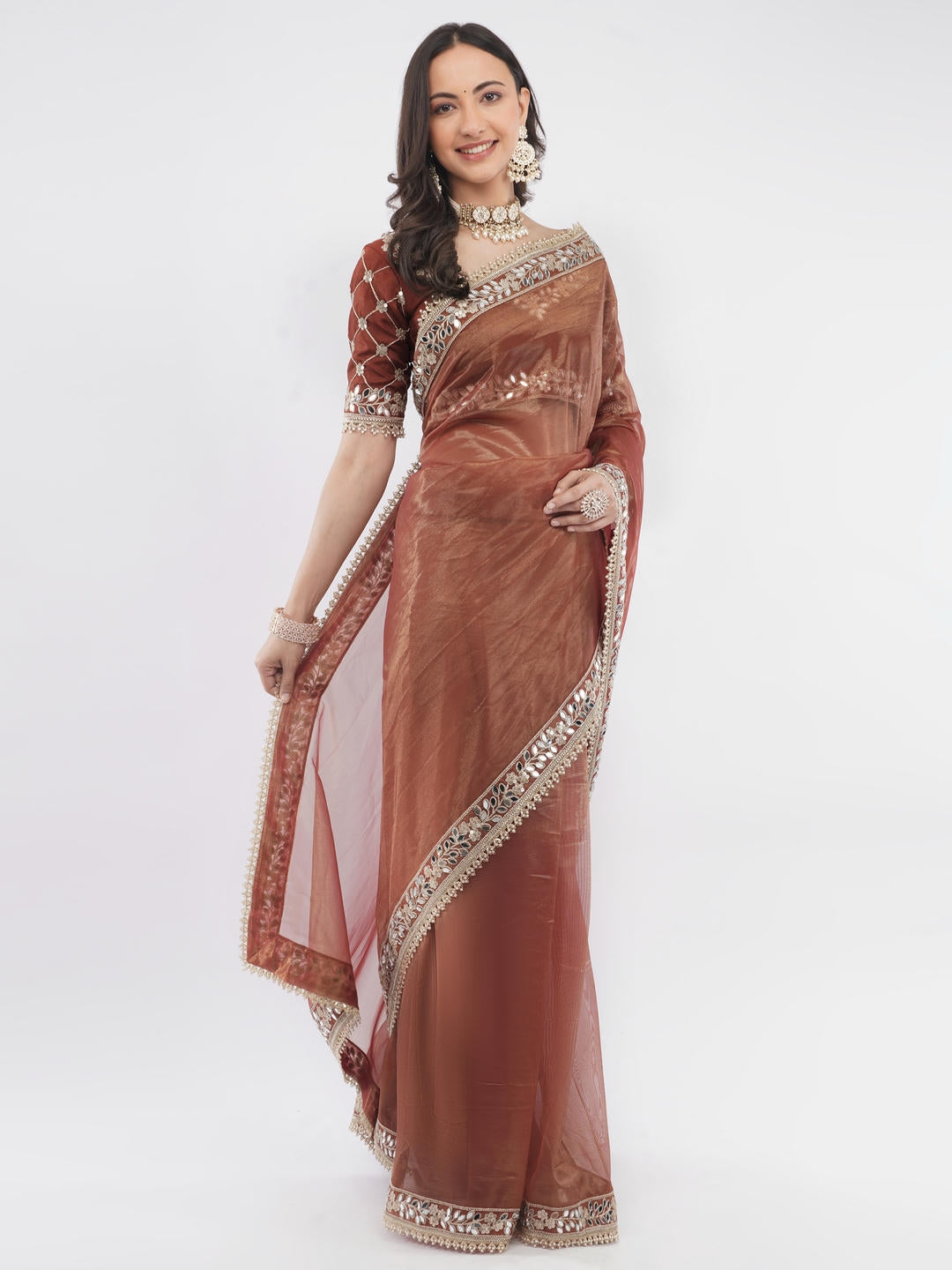 Samantha Rusty Brown Nettwill Net Saree With Elegant Embroidery And Unstitched Blouse Piece For Women Party Wear