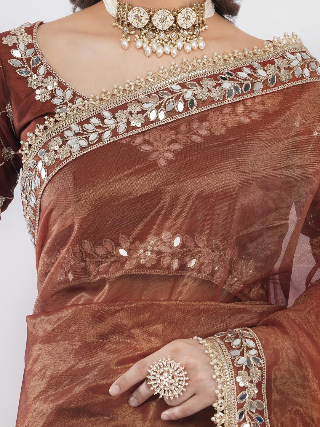 Samantha Rusty Brown Nettwill Net Saree With Elegant Embroidery And Unstitched Blouse Piece For Women Party Wear