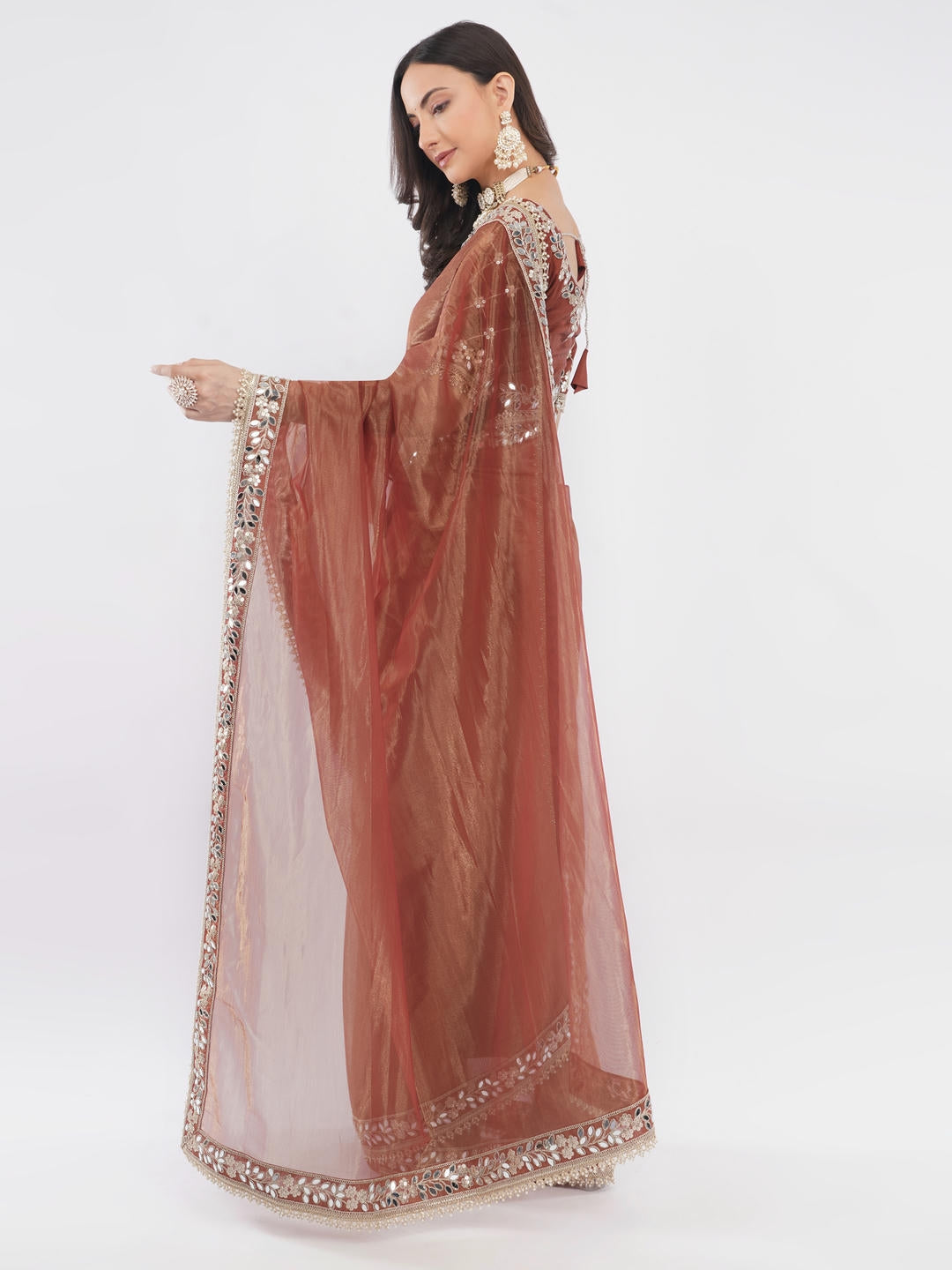 Samantha Rusty Brown Nettwill Net Saree With Elegant Embroidery And Unstitched Blouse Piece For Women Party Wear