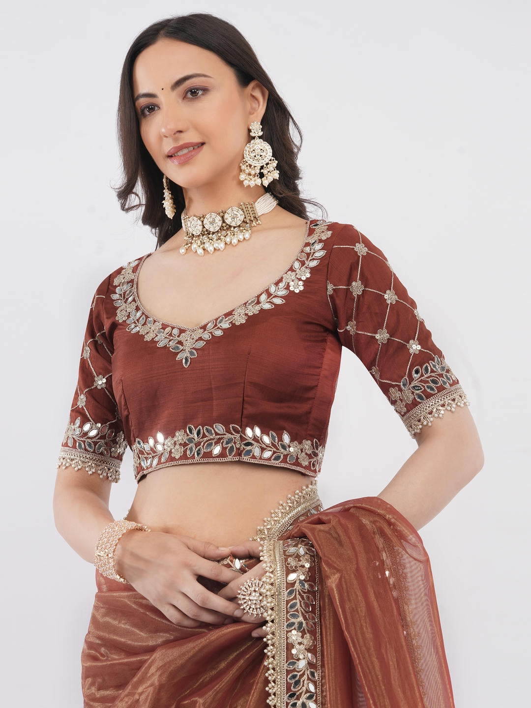 Samantha Rusty Brown Nettwill Net Saree With Elegant Embroidery And Unstitched Blouse Piece For Women Party Wear