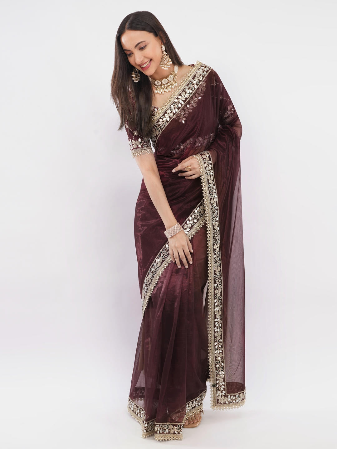 Samantha Chocolate Brown Nettwill Net Saree With Elegant Embroidery And Unstitched Blouse Piece For Women Party Wear