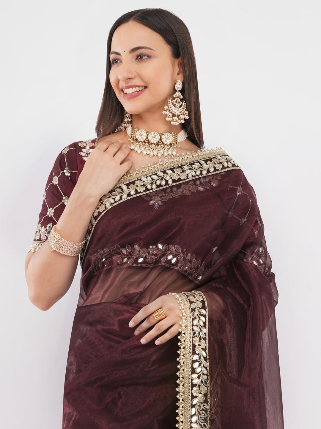 Samantha Chocolate Brown Nettwill Net Saree With Elegant Embroidery And Unstitched Blouse Piece For Women Party Wear