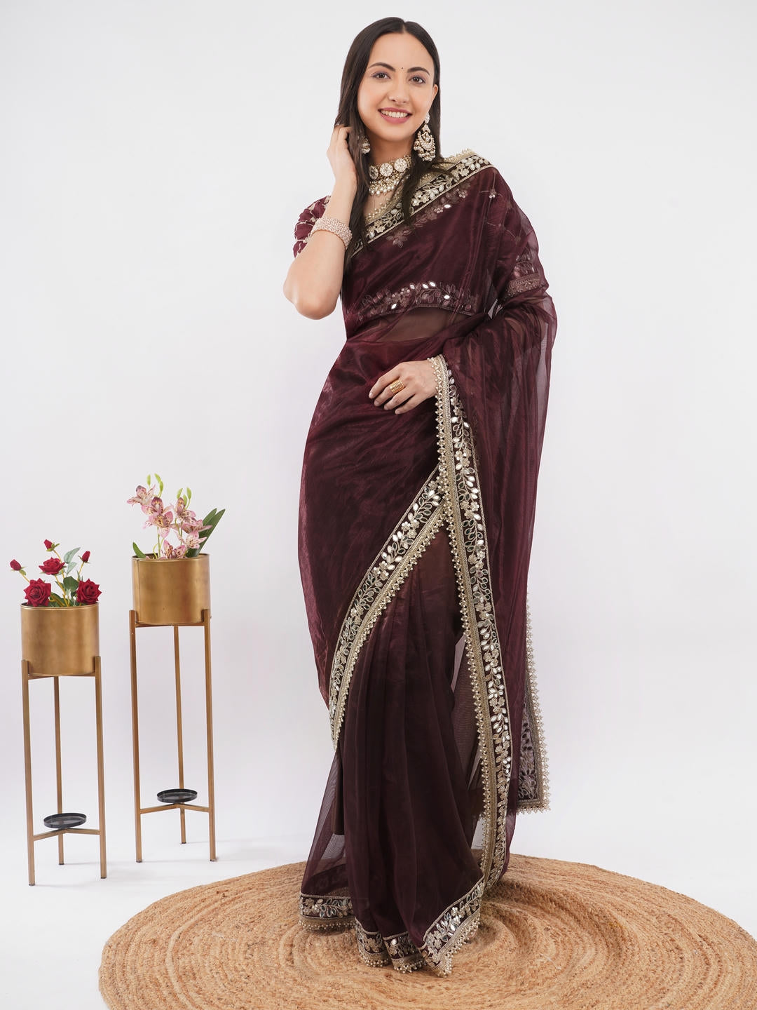 Samantha Chocolate Brown Nettwill Net Saree With Elegant Embroidery And Unstitched Blouse Piece For Women Party Wear