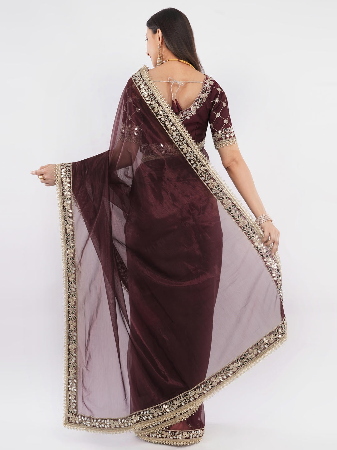 Samantha Chocolate Brown Nettwill Net Saree With Elegant Embroidery And Unstitched Blouse Piece For Women Party Wear