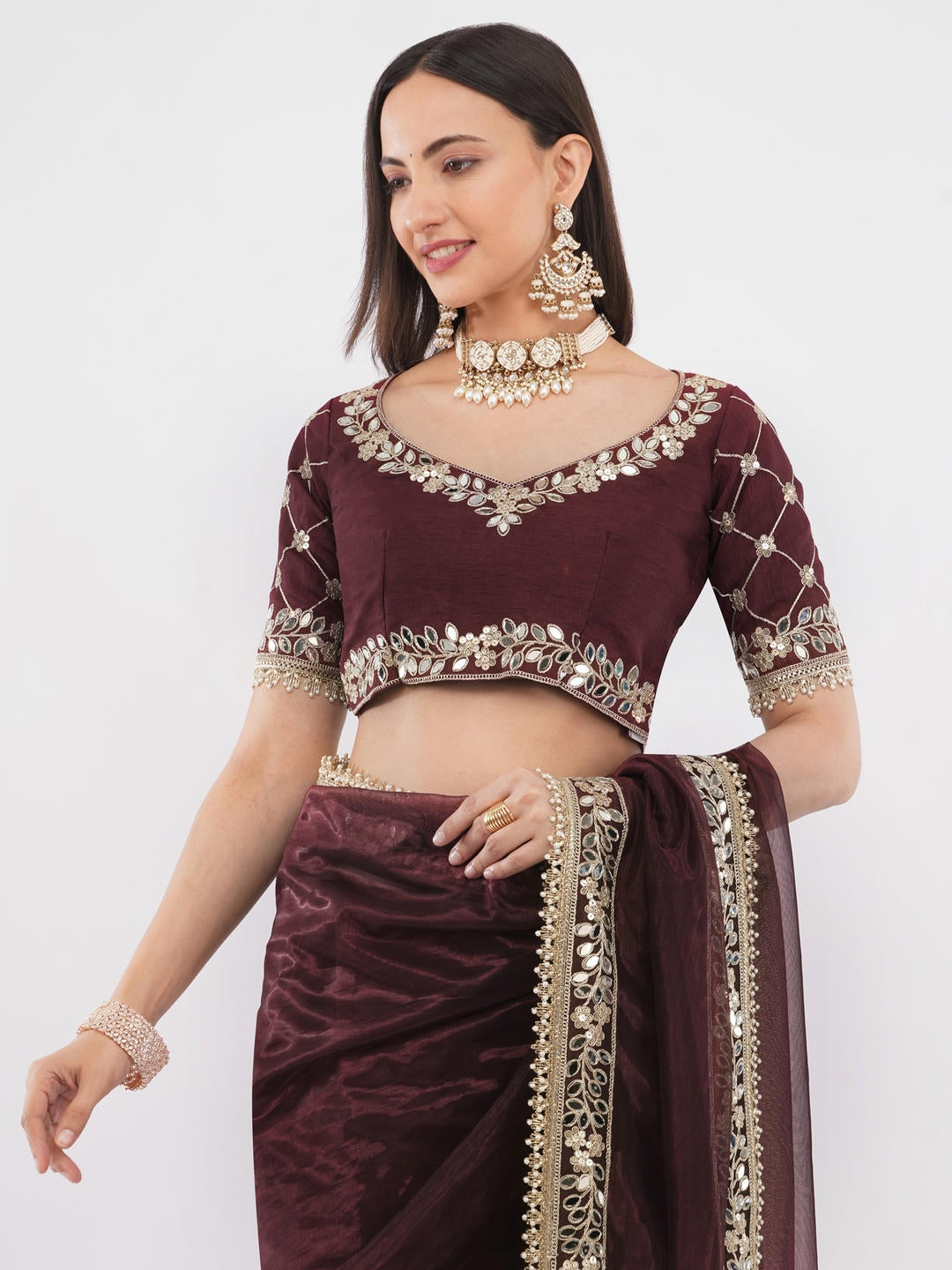 Samantha Chocolate Brown Nettwill Net Saree With Elegant Embroidery And Unstitched Blouse Piece For Women Party Wear