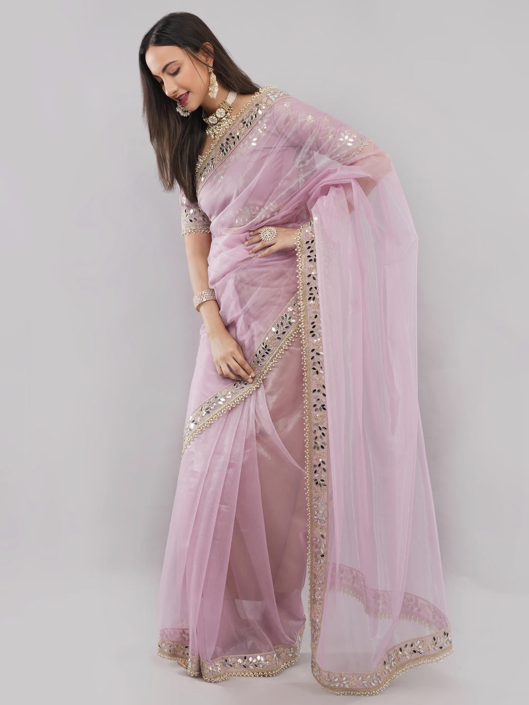 Samantha Baby Pink Nettwill Net Saree With Elegant Embroidery And Unstitched Blouse Piece For Women Party Wear