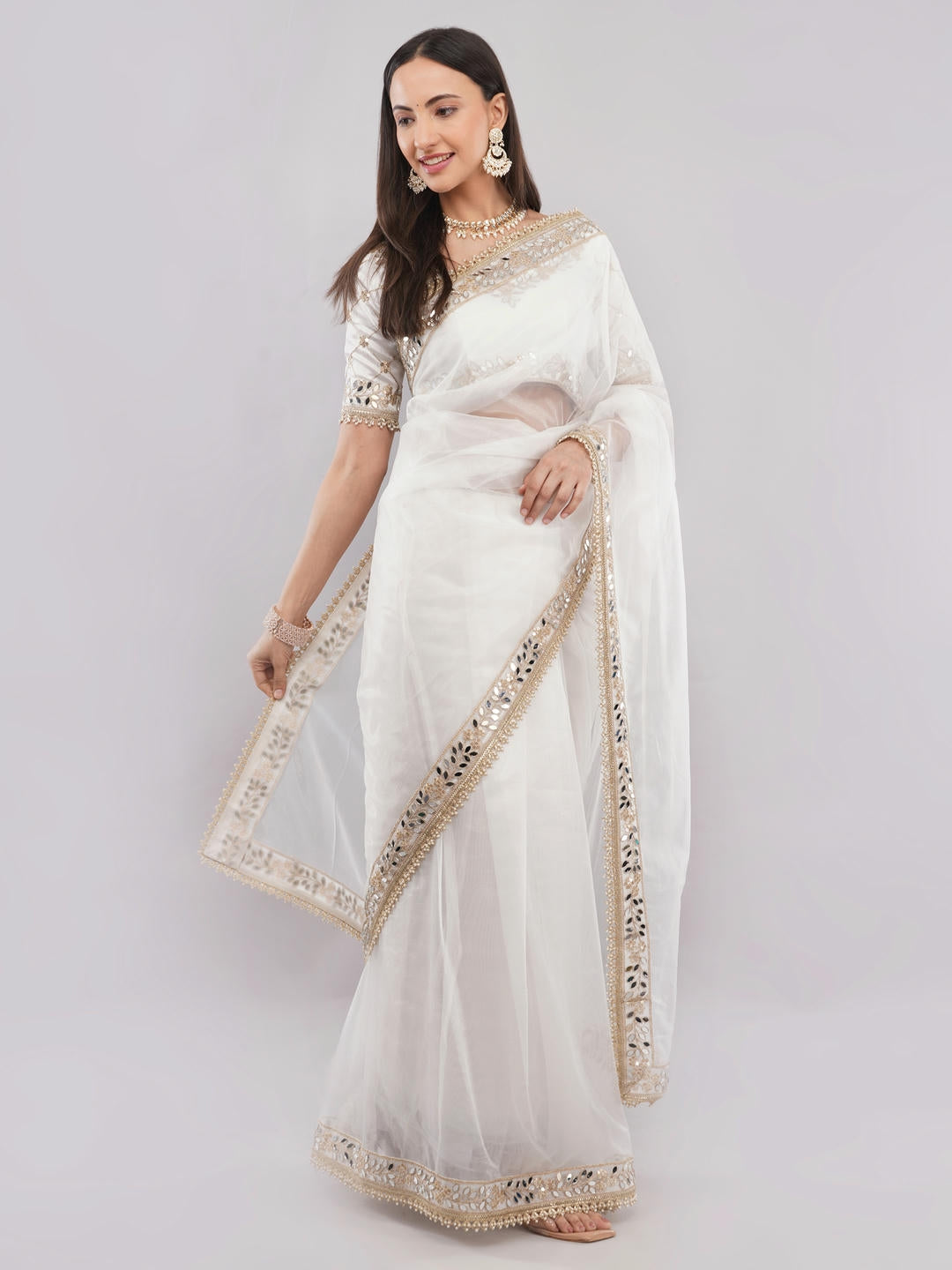 Samantha White Nettwill Net Saree With Elegant Embroidery And Unstitched Blouse Piece For Women Party Wear
