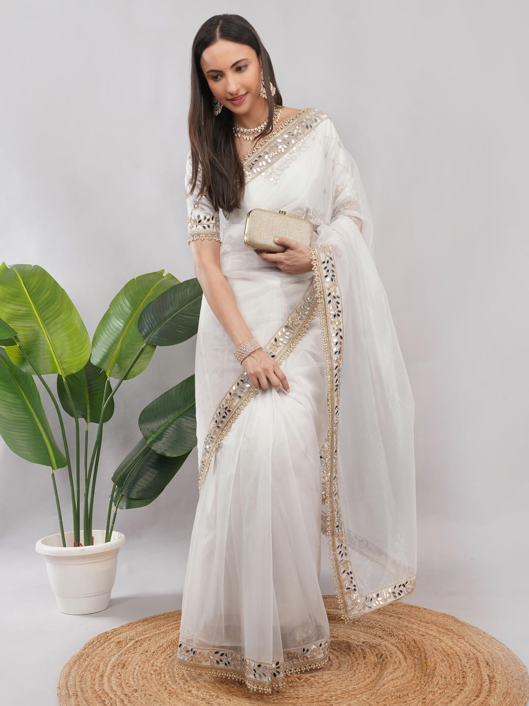 Samantha White Nettwill Net Saree With Elegant Embroidery And Unstitched Blouse Piece For Women Party Wear