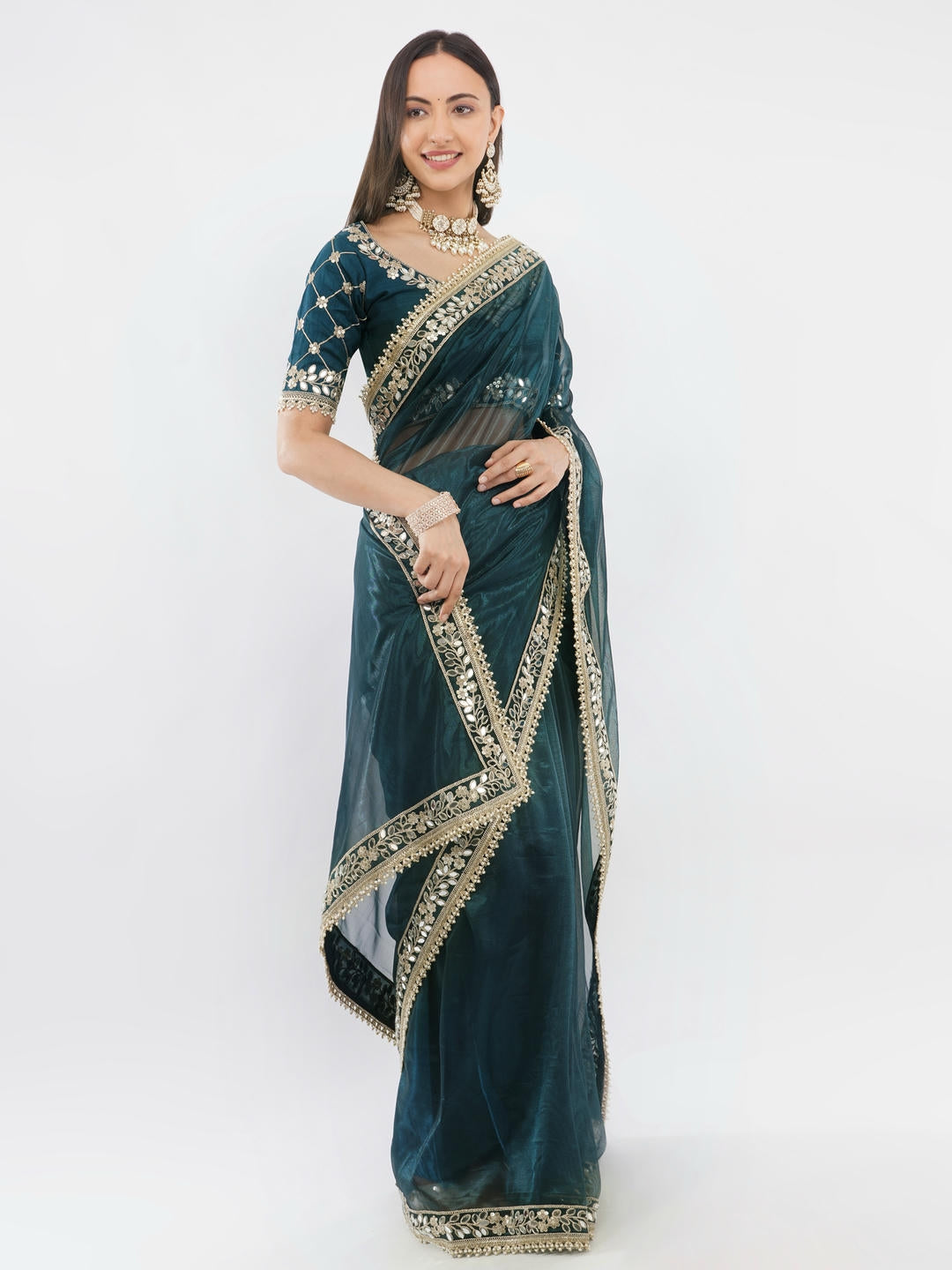 Samantha Blue Nettwill Net Saree With Elegant Embroidery And Unstitched Blouse Piece For Women Party Wear