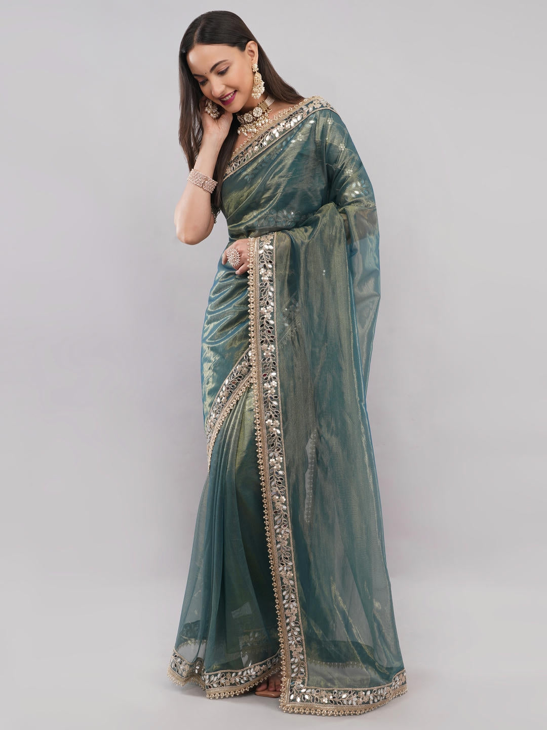 Samantha Metallic Green Nettwill Net Saree With Elegant Embroidery And Unstitched Blouse Piece For Women Party Wear