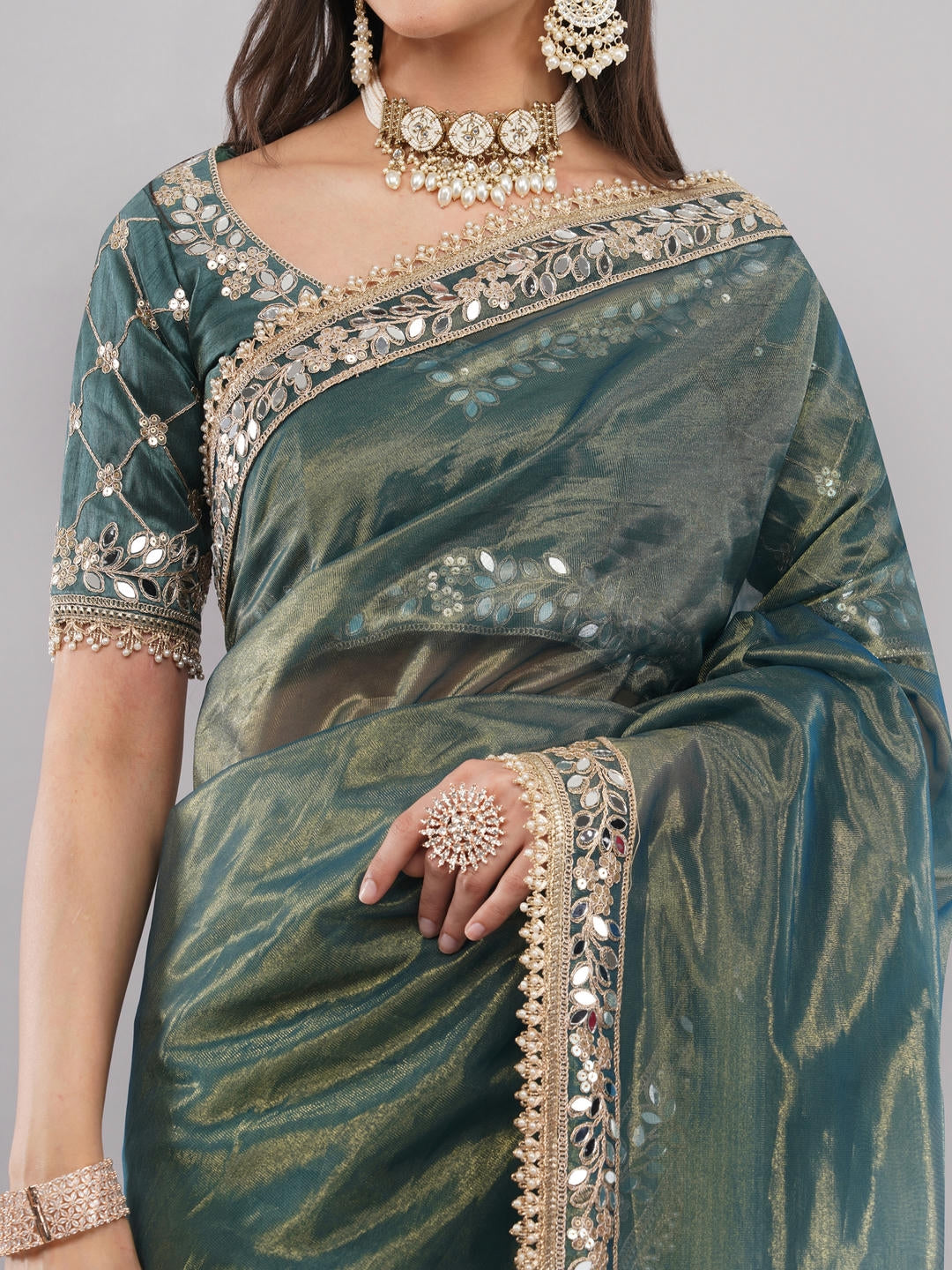 Samantha Metallic Green Nettwill Net Saree With Elegant Embroidery And Unstitched Blouse Piece For Women Party Wear