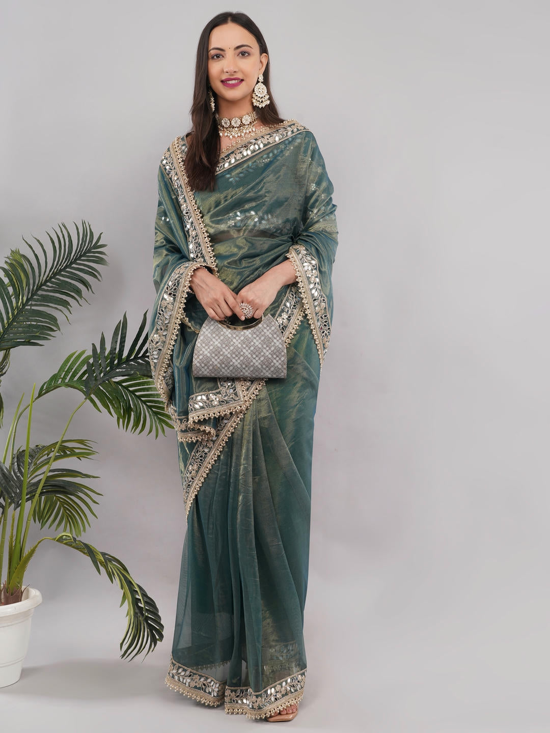 Samantha Metallic Green Nettwill Net Saree With Elegant Embroidery And Unstitched Blouse Piece For Women Party Wear