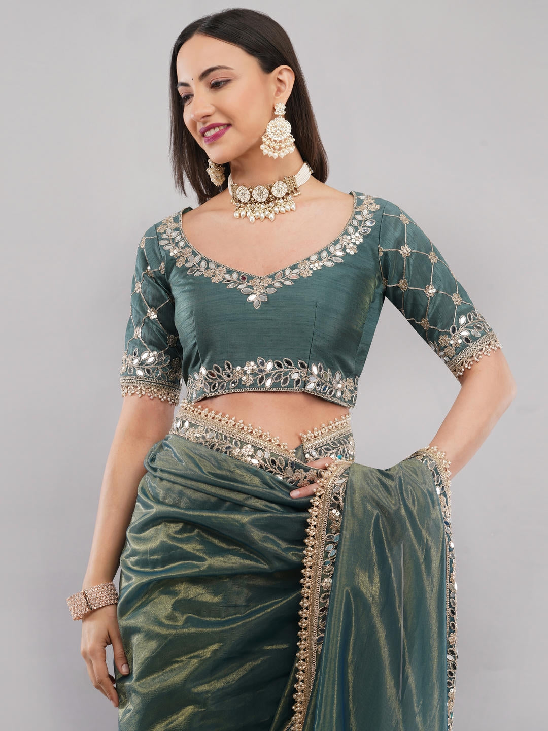 Samantha Metallic Green Nettwill Net Saree With Elegant Embroidery And Unstitched Blouse Piece For Women Party Wear