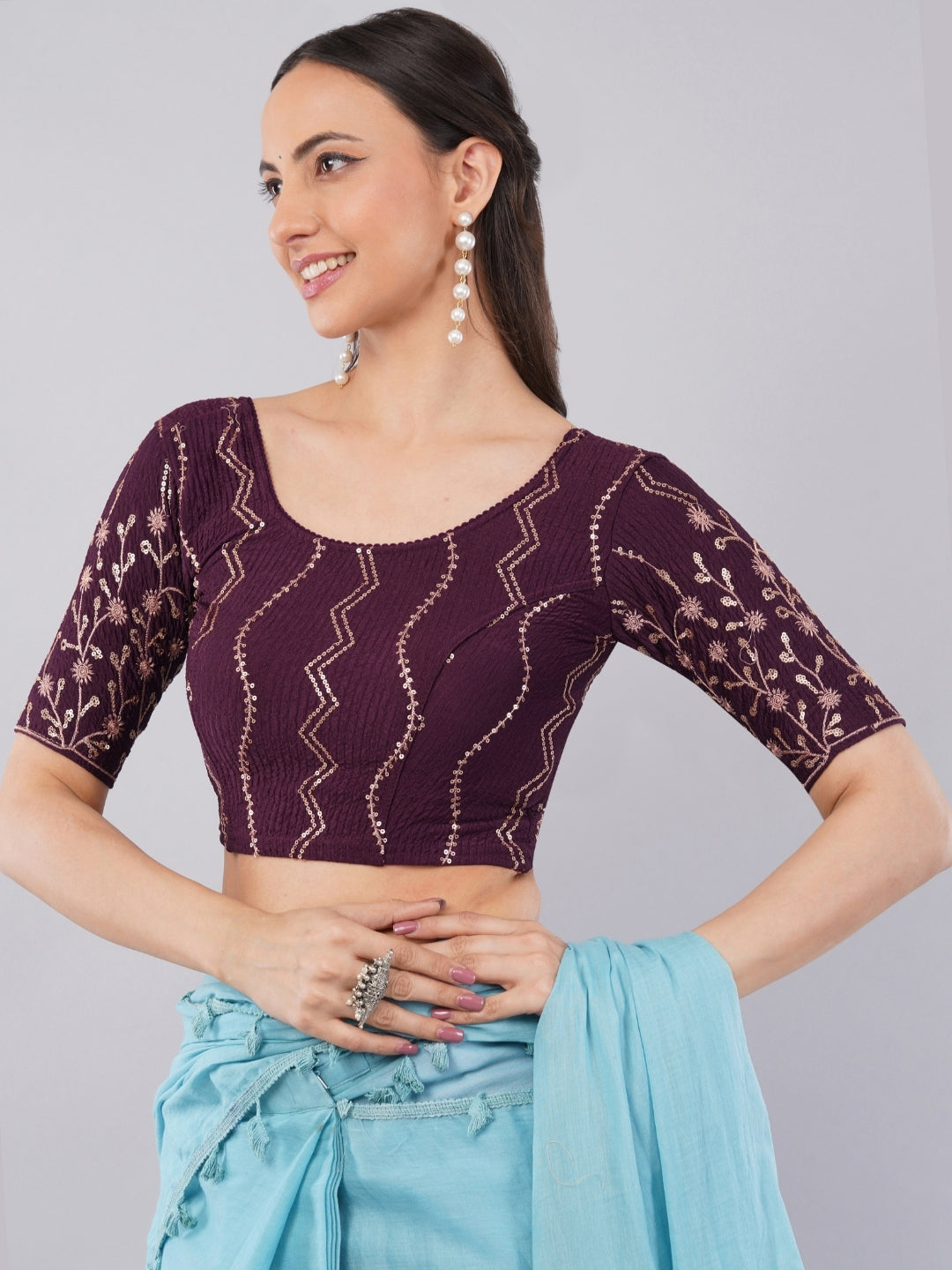 Dark Purple Sequin Lycra Blouse with Zigzag Pattern and Floral Sleeves