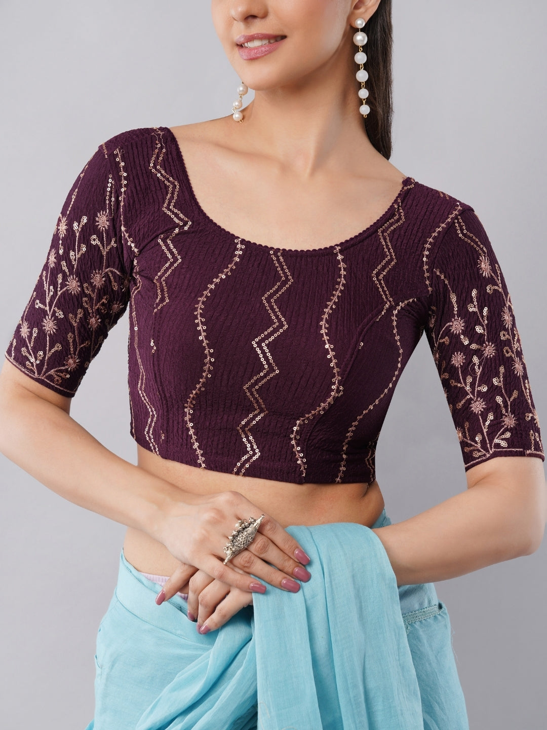 Dark Purple Sequin Lycra Blouse with Zigzag Pattern and Floral Sleeves