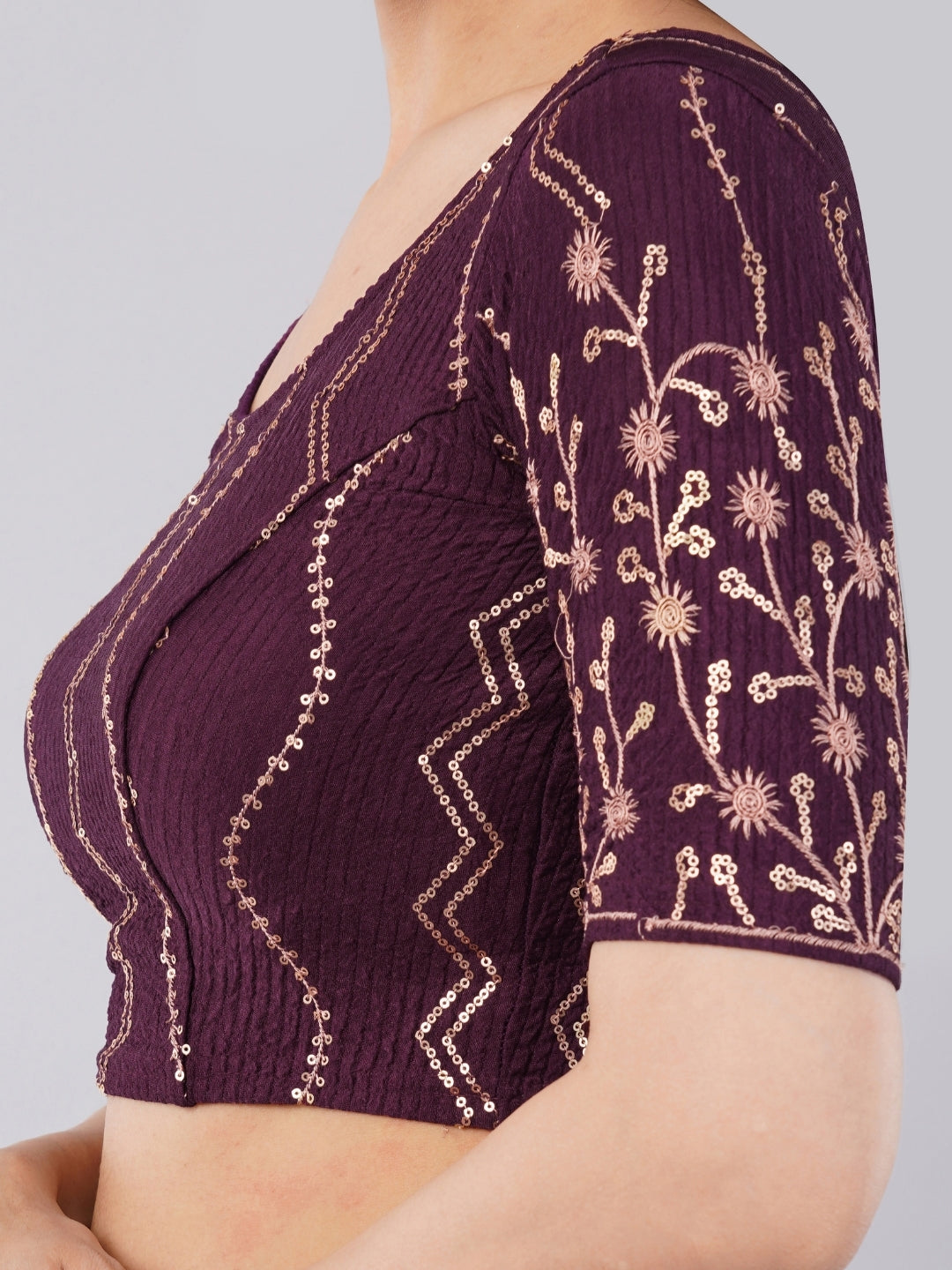 Dark Purple Sequin Lycra Blouse with Zigzag Pattern and Floral Sleeves