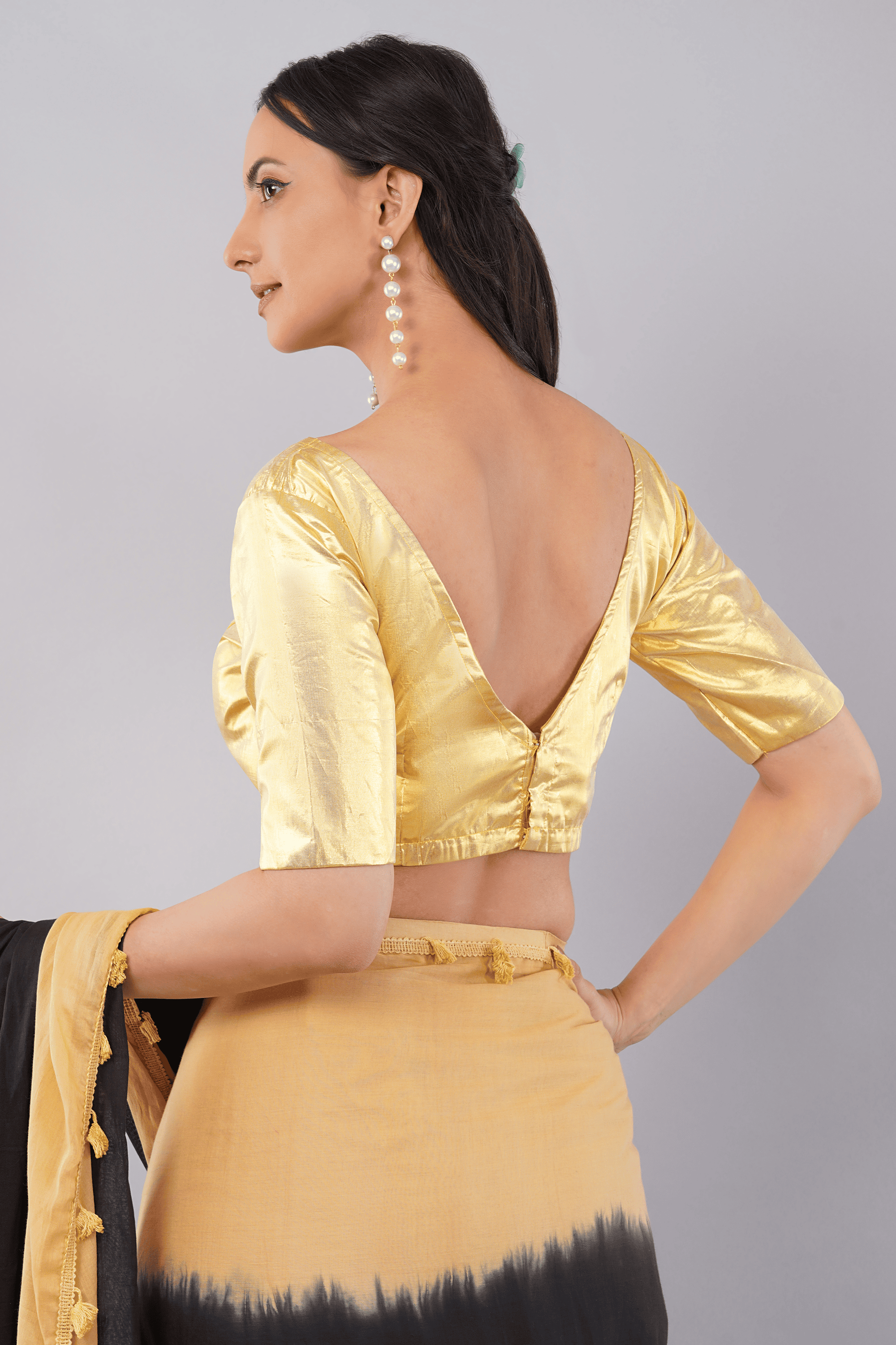 Gold Brocade Readymade Blouse with V-Neck and Elbow Sleeves