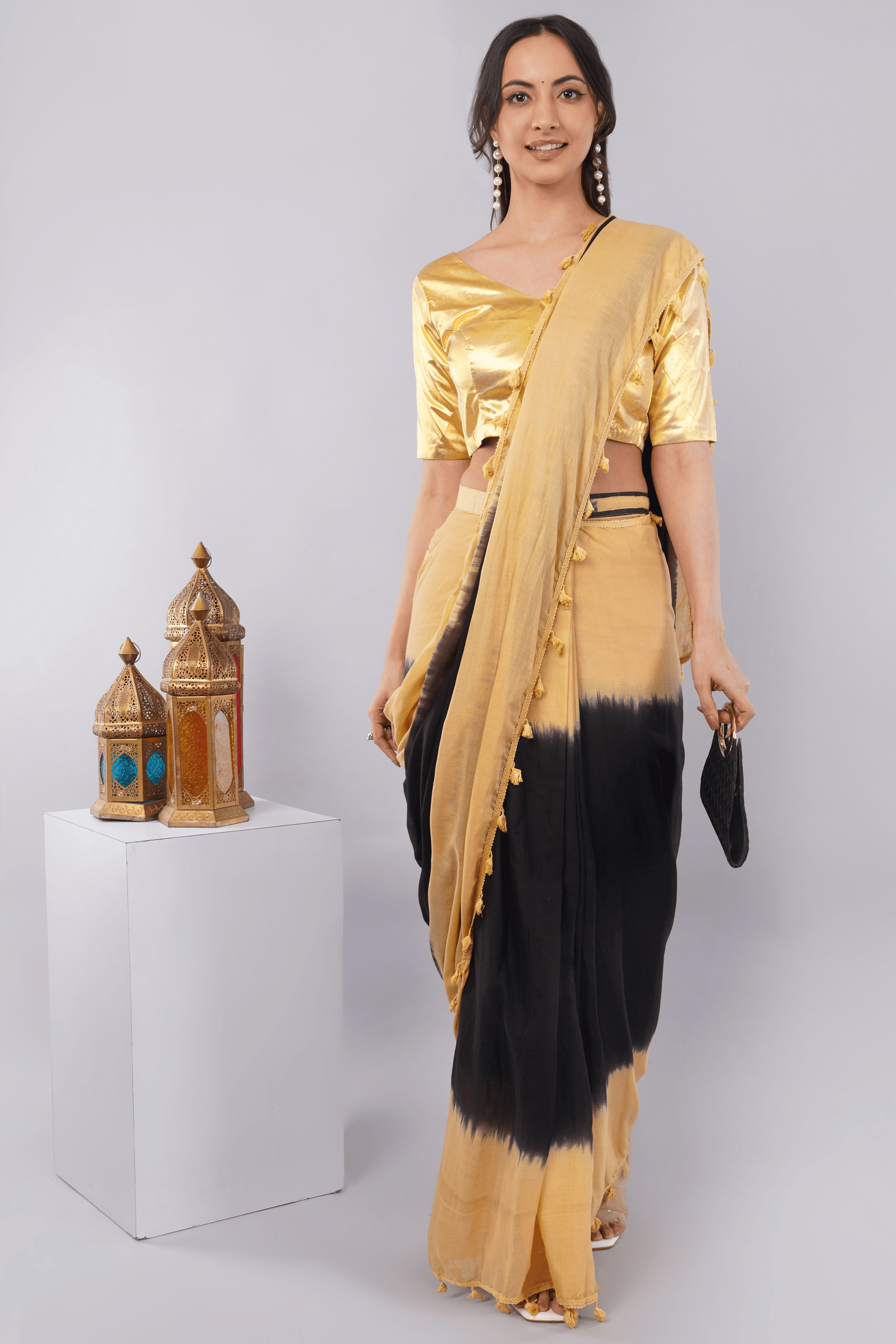 Gold Brocade Readymade Blouse with V-Neck and Elbow Sleeves