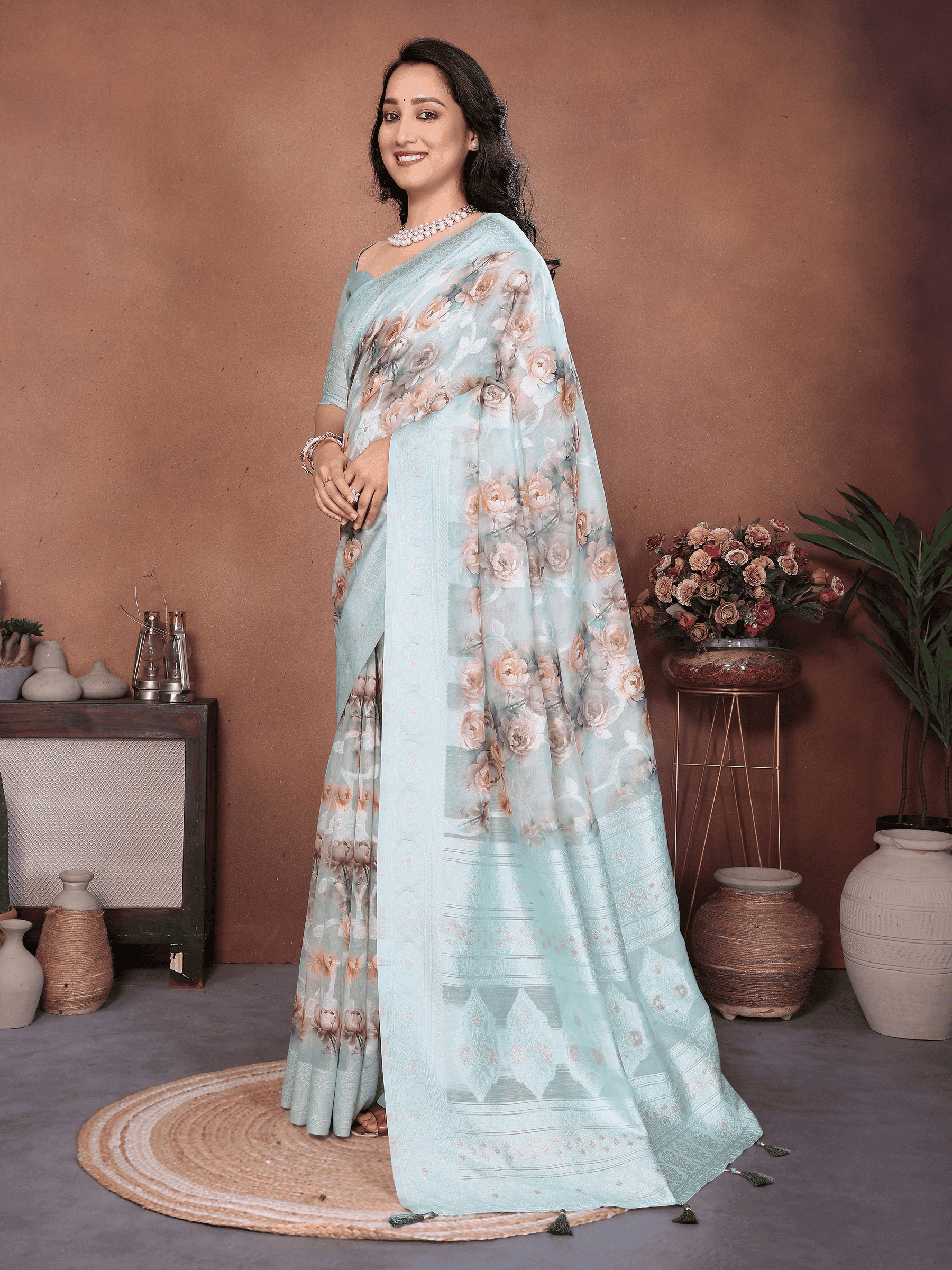 Sea Blue Floral Semi-Sheer Saree with Champagne Gold Zari Pallu