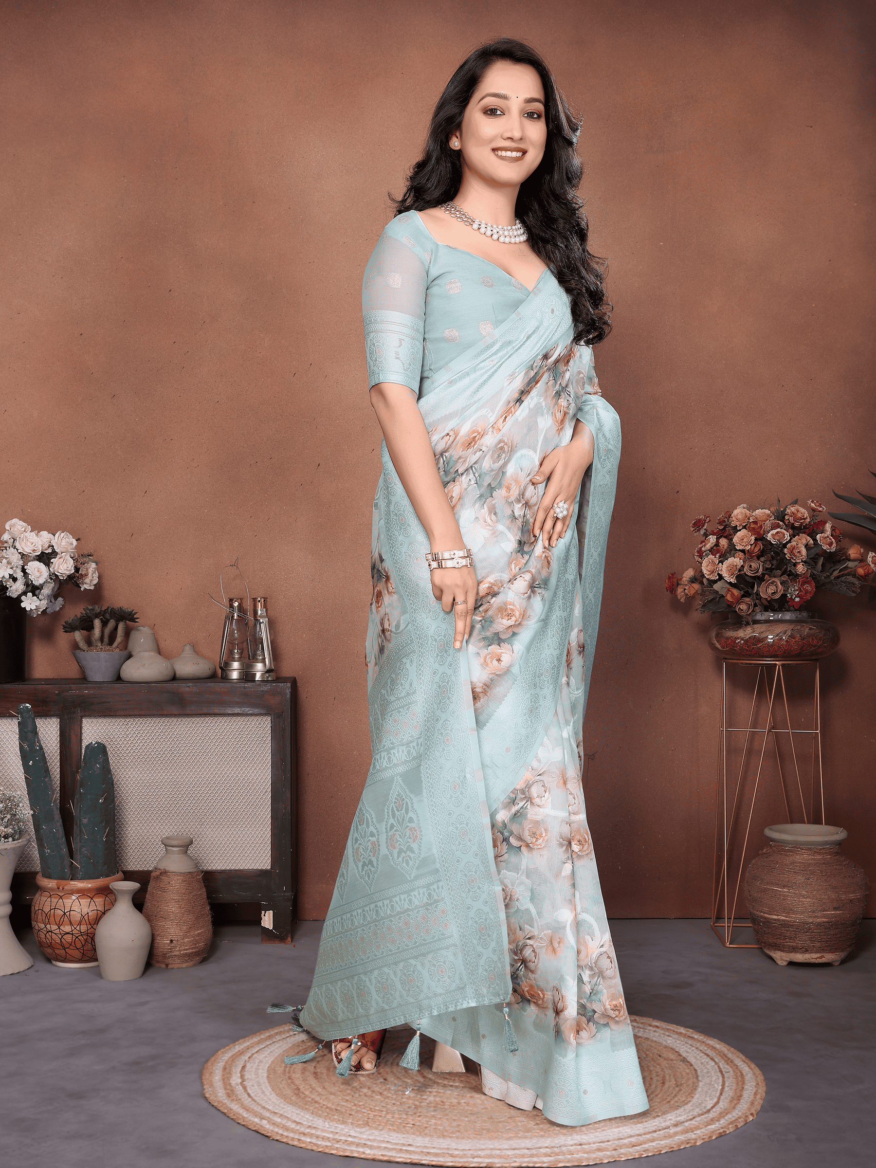 Sea Blue Floral Semi-Sheer Saree with Champagne Gold Zari Pallu
