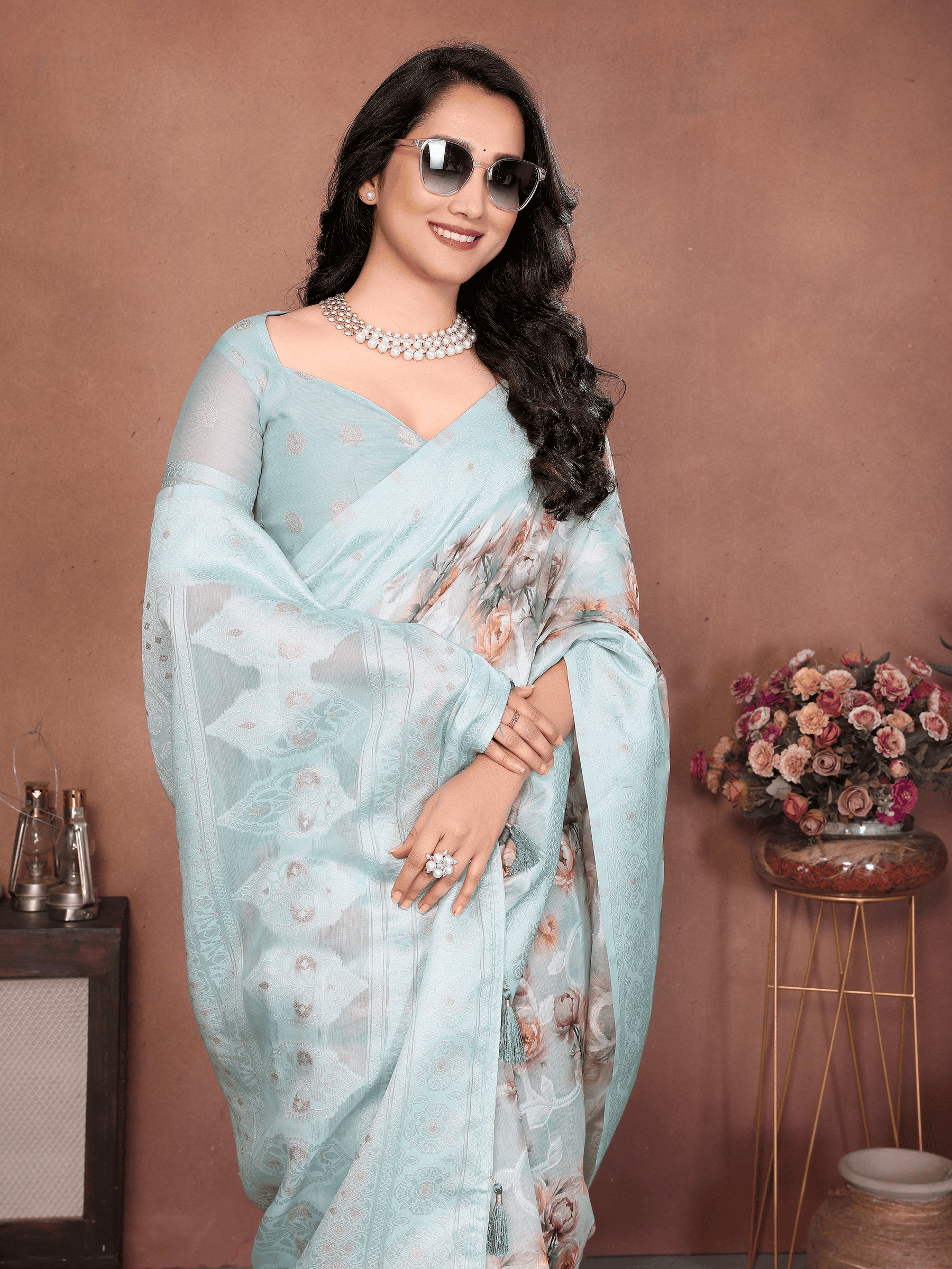 Sea Blue Floral Semi-Sheer Saree with Champagne Gold Zari Pallu