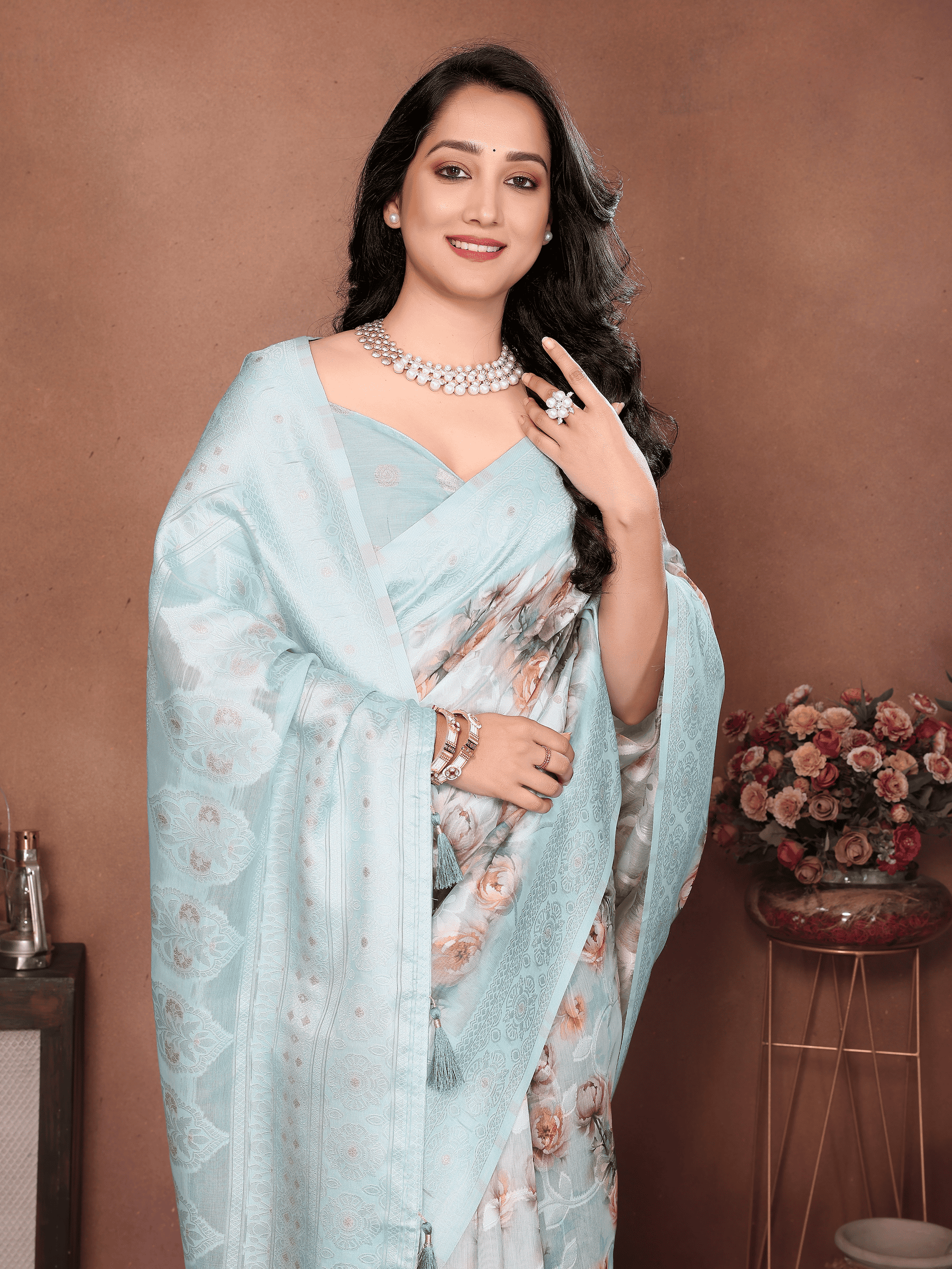 Sea Blue Floral Semi-Sheer Saree with Champagne Gold Zari Pallu
