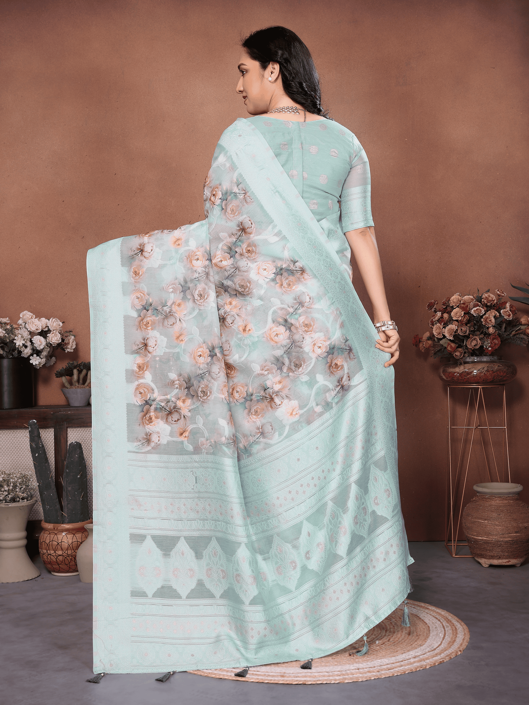 Sea Blue Floral Semi-Sheer Saree with Champagne Gold Zari Pallu