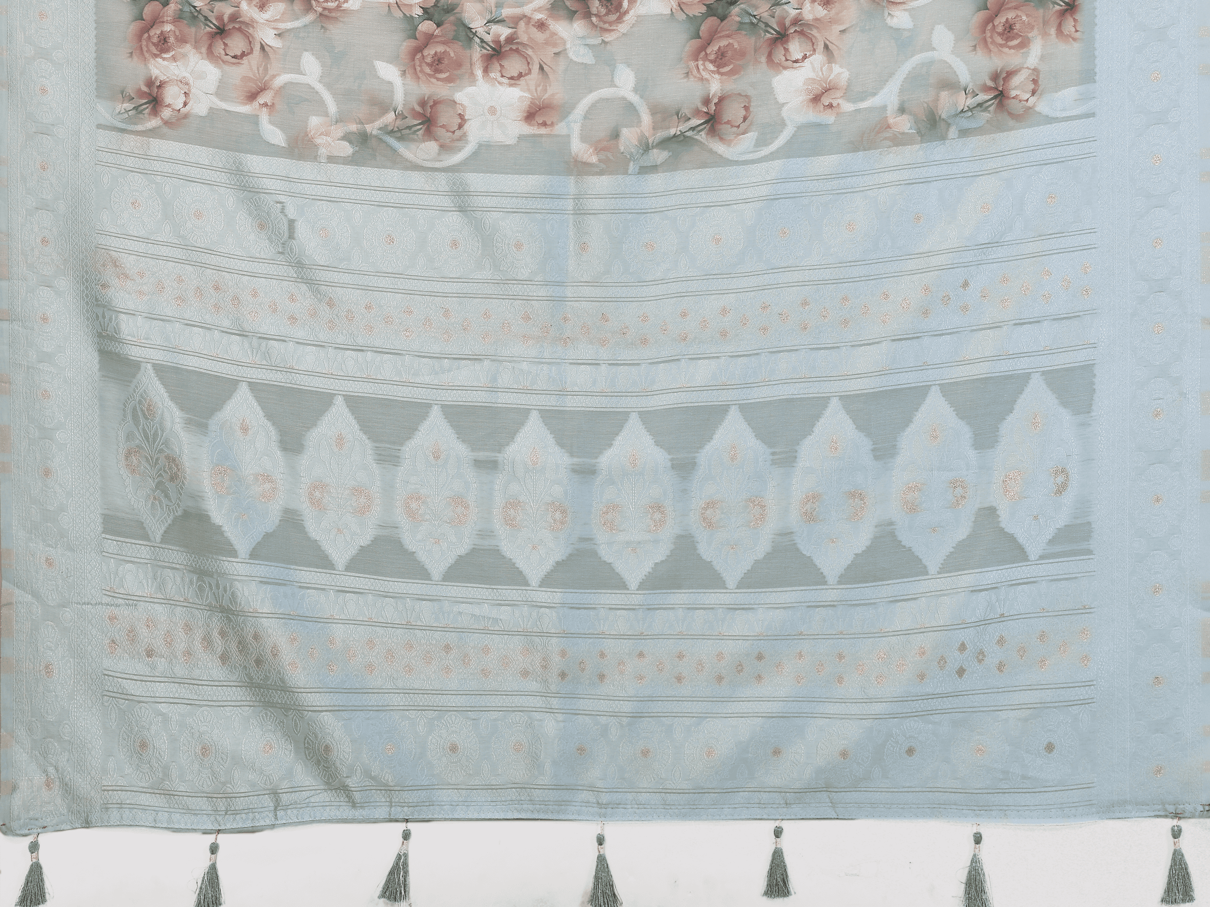 Sea Blue Floral Semi-Sheer Saree with Champagne Gold Zari Pallu