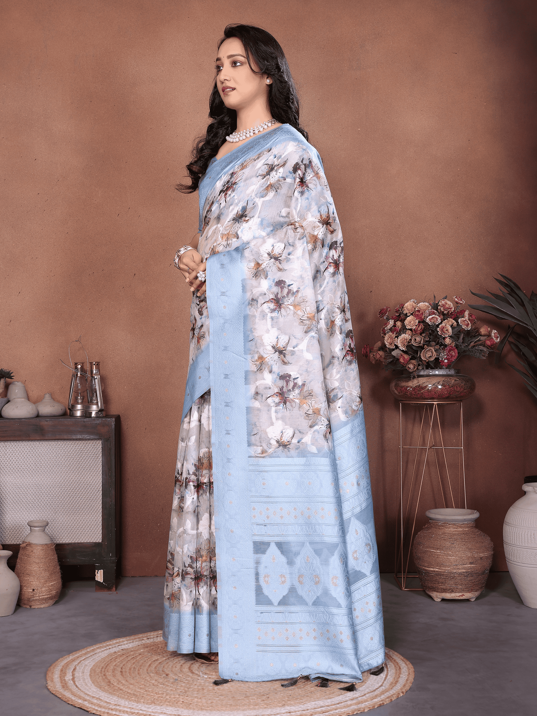 Semi-Sheer Floral Print Saree with Woven Zari Border