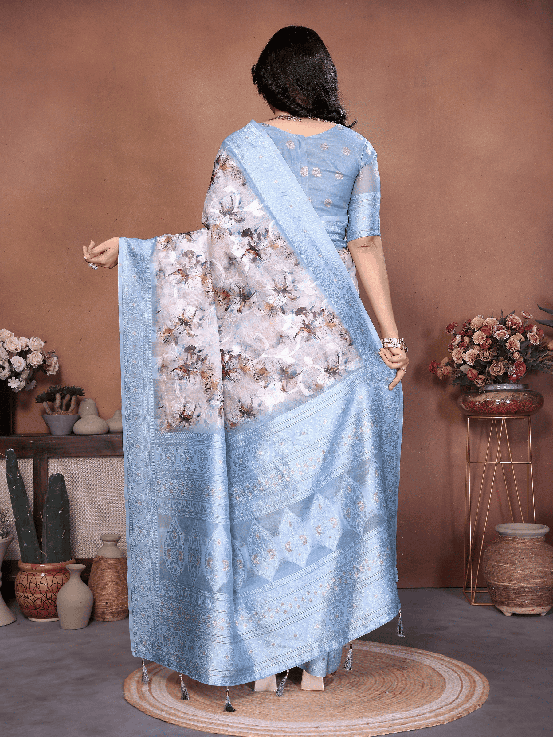 Semi-Sheer Floral Print Saree with Woven Zari Border