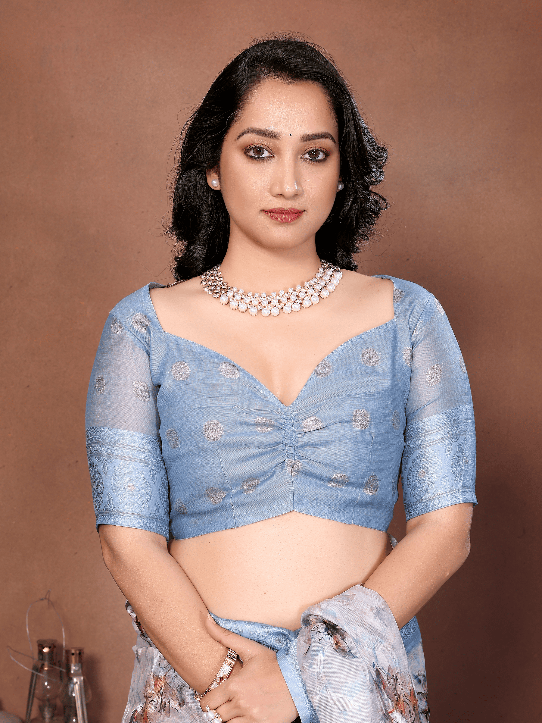 Semi-Sheer Floral Print Saree with Woven Zari Border