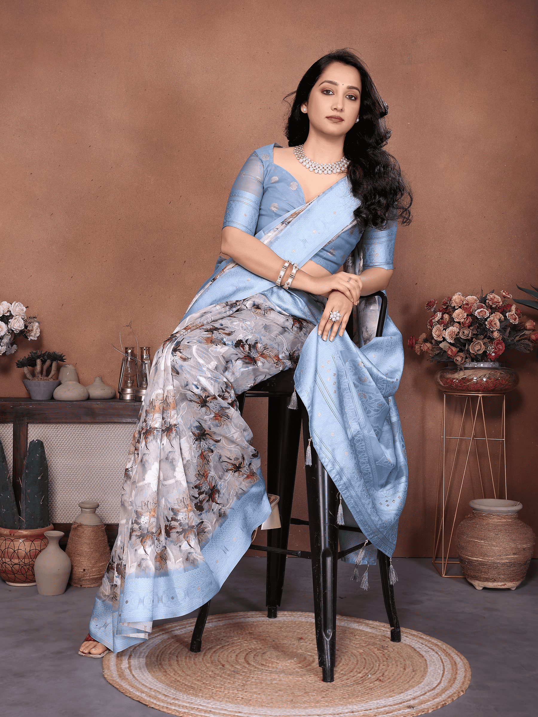 Semi-Sheer Floral Print Saree with Woven Zari Border