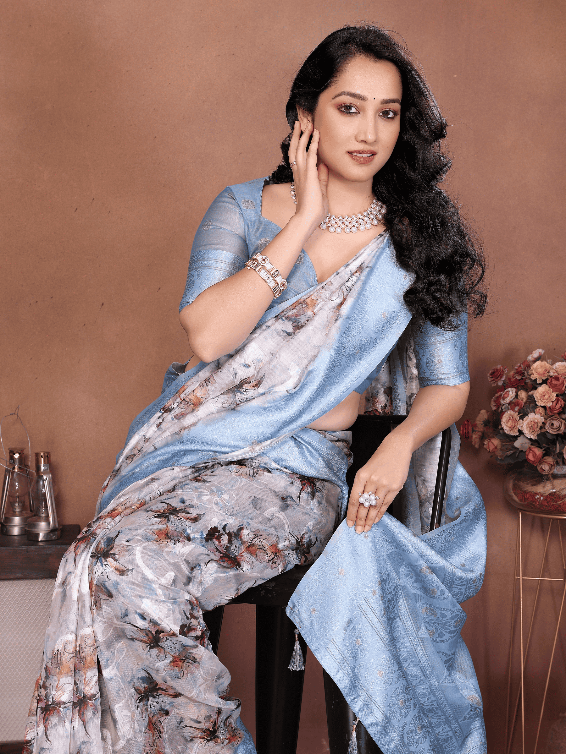 Semi-Sheer Floral Print Saree with Woven Zari Border
