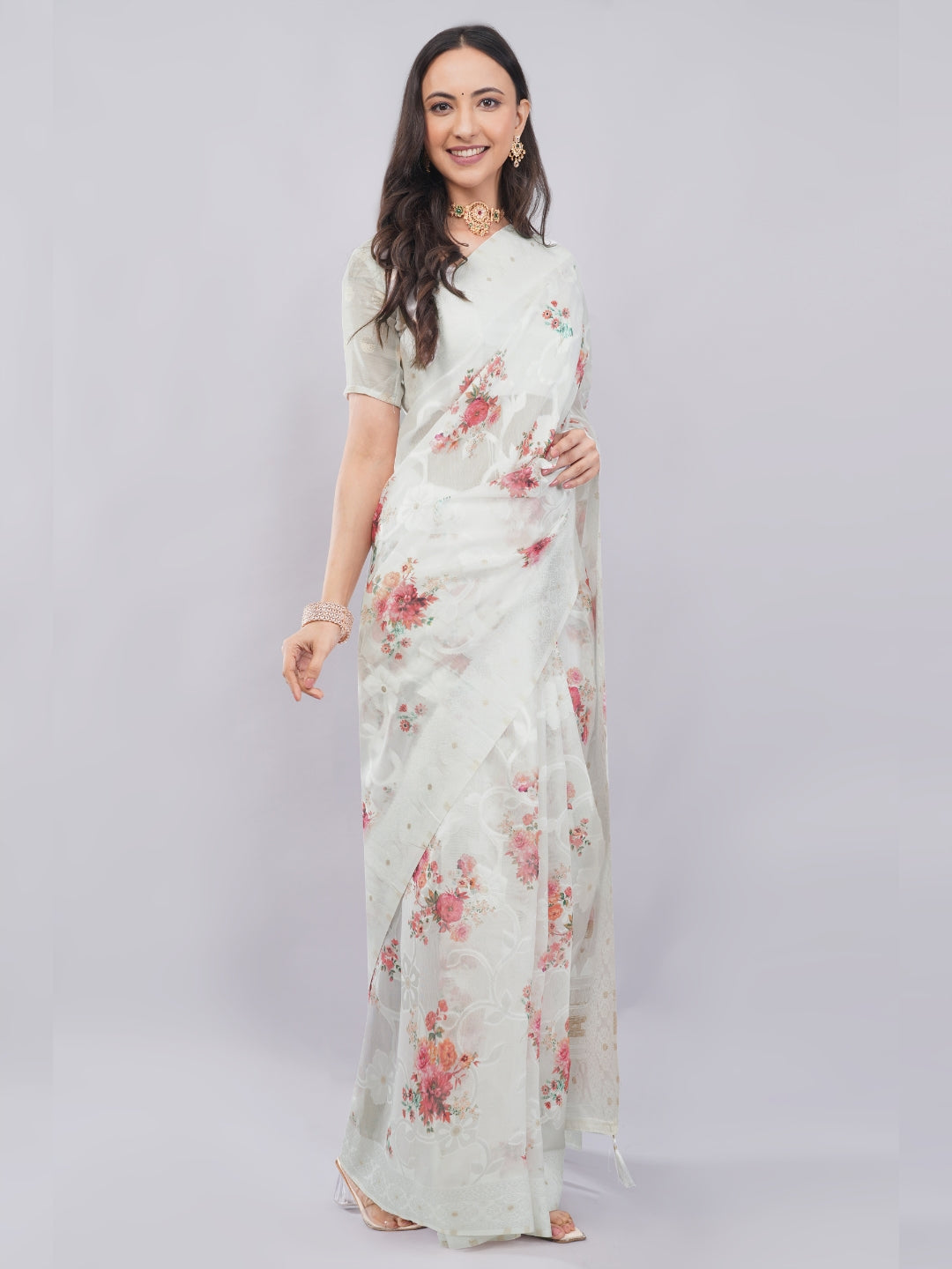 Samantha Off White Rose Floral Printed Chanderi Saree with Self-Woven Pallu