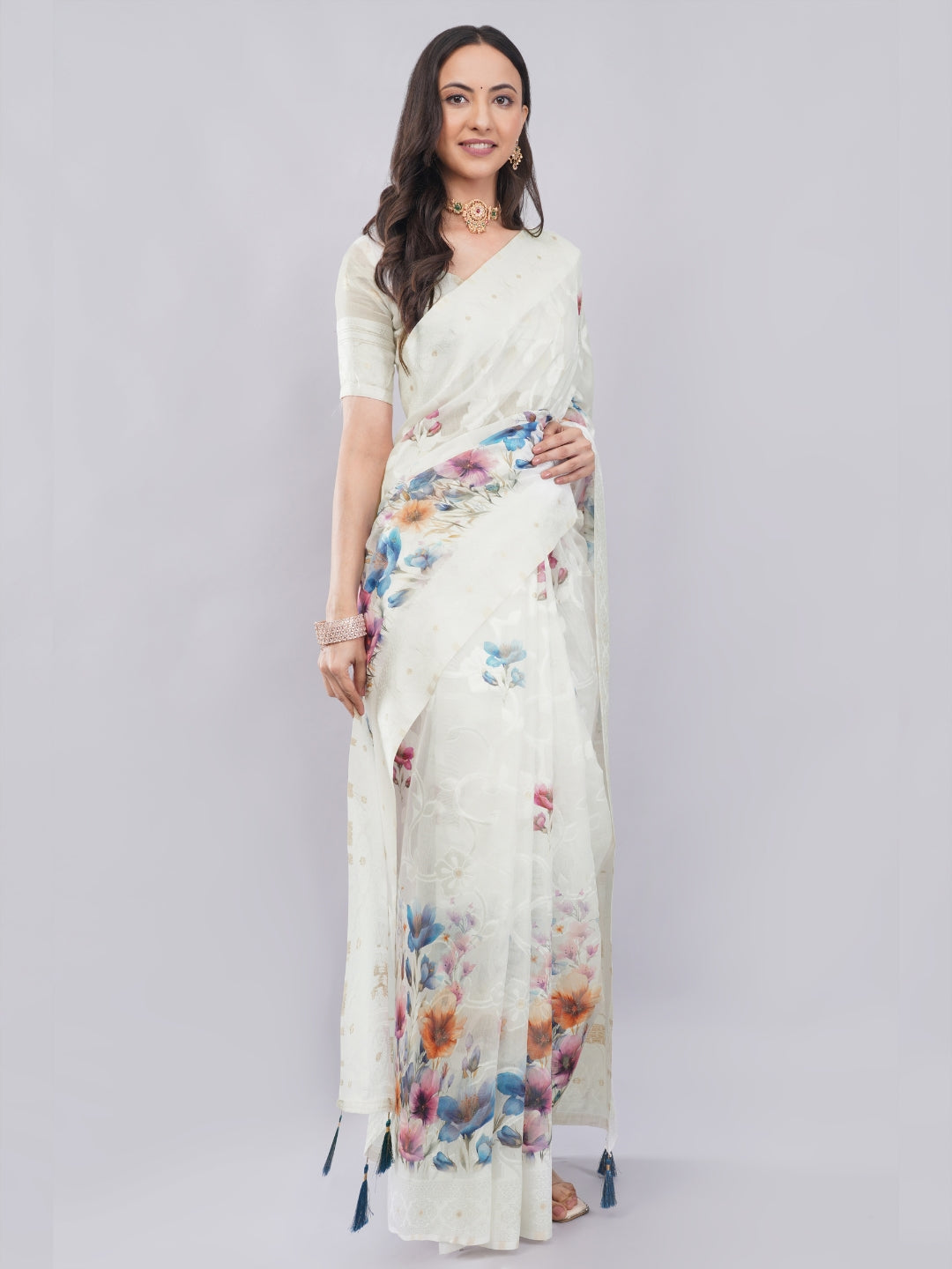 Samantha Off White Large Floral Printed Chanderi Saree with Self-Woven Pallu