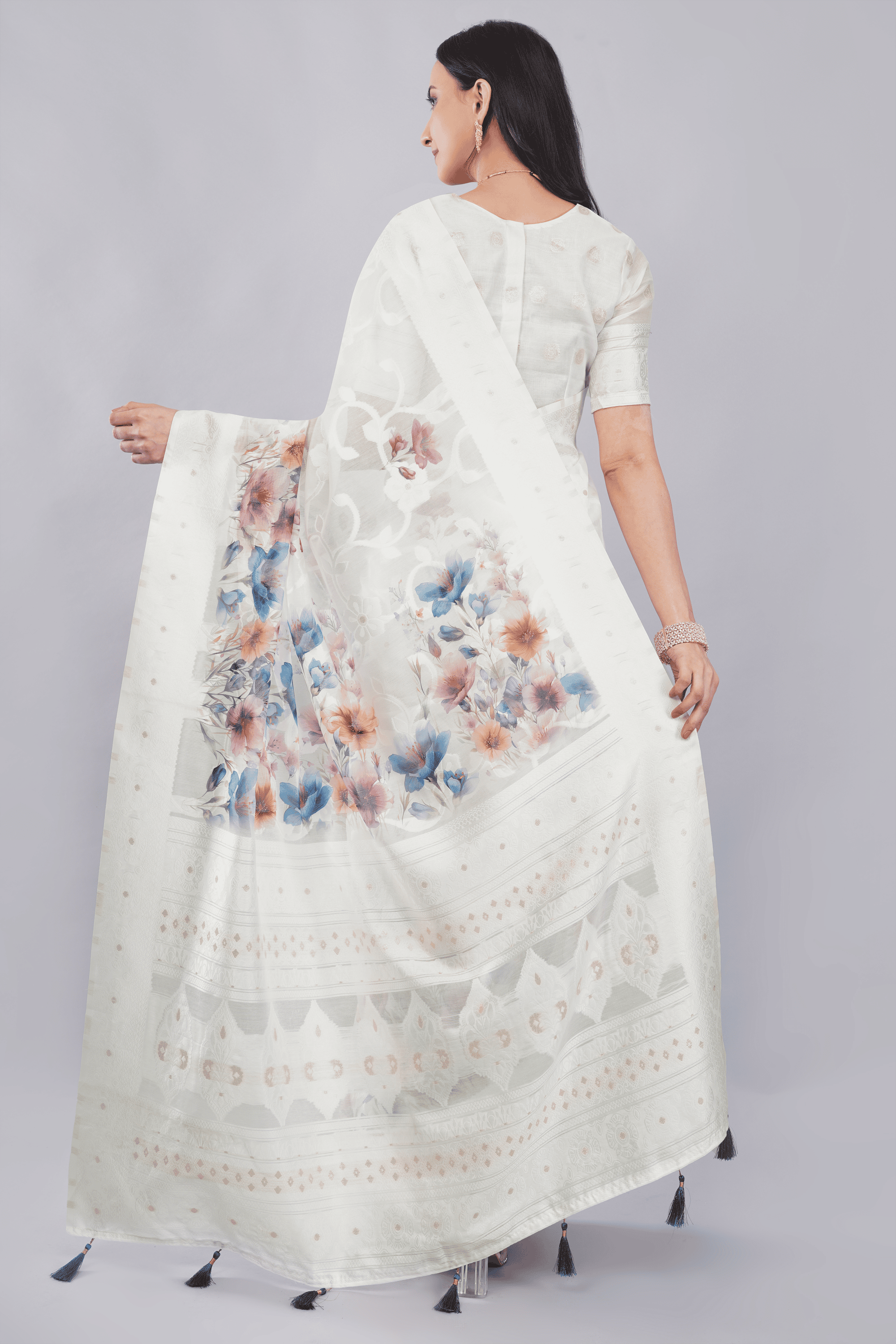 Samantha Off White Large Floral Printed Chanderi Saree with Self-Woven Pallu