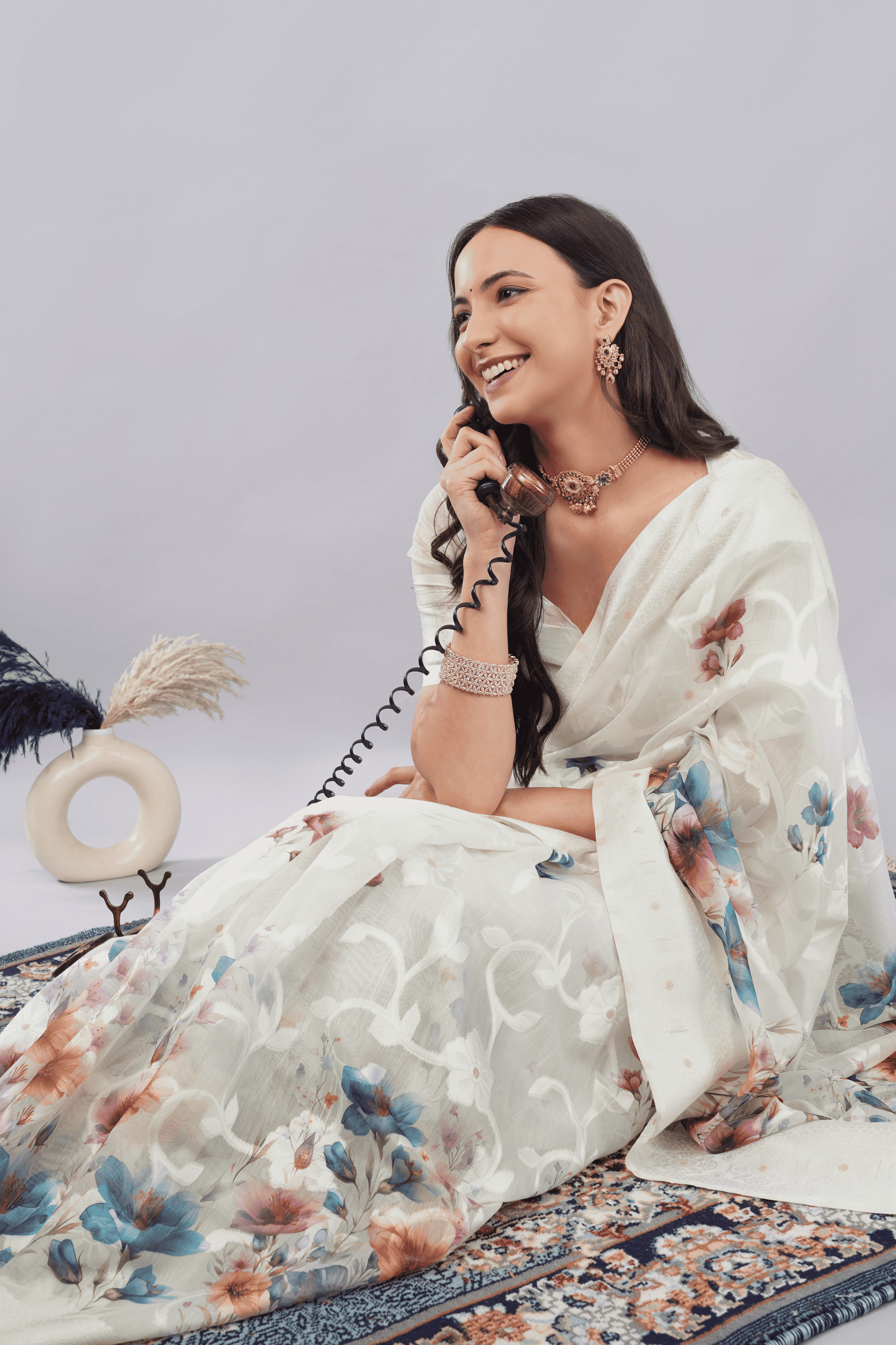 Samantha Off White Large Floral Printed Chanderi Saree with Self-Woven Pallu