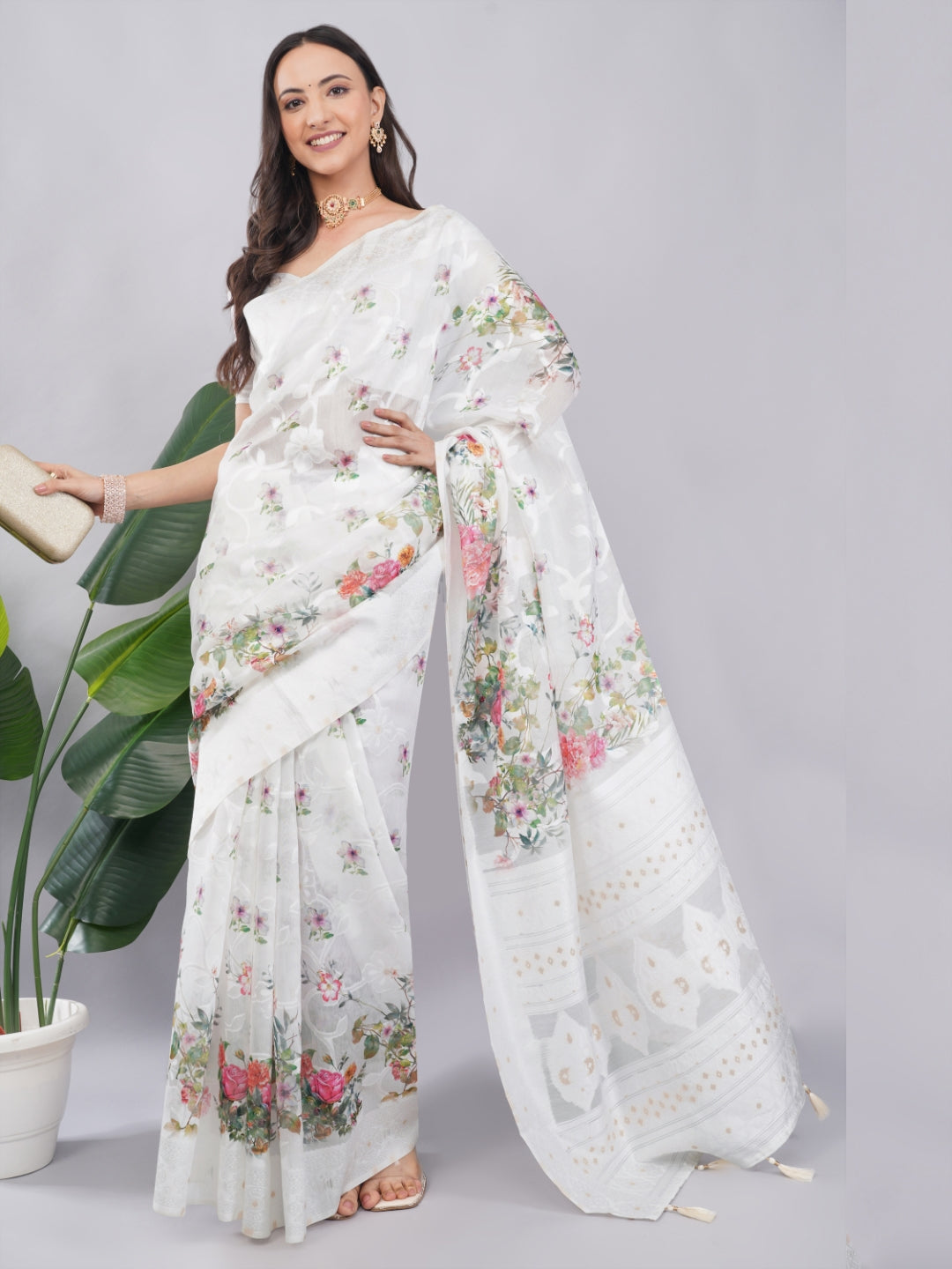 Samantha Off White Multiflora Printed Chanderi Saree with Woven Pallu
