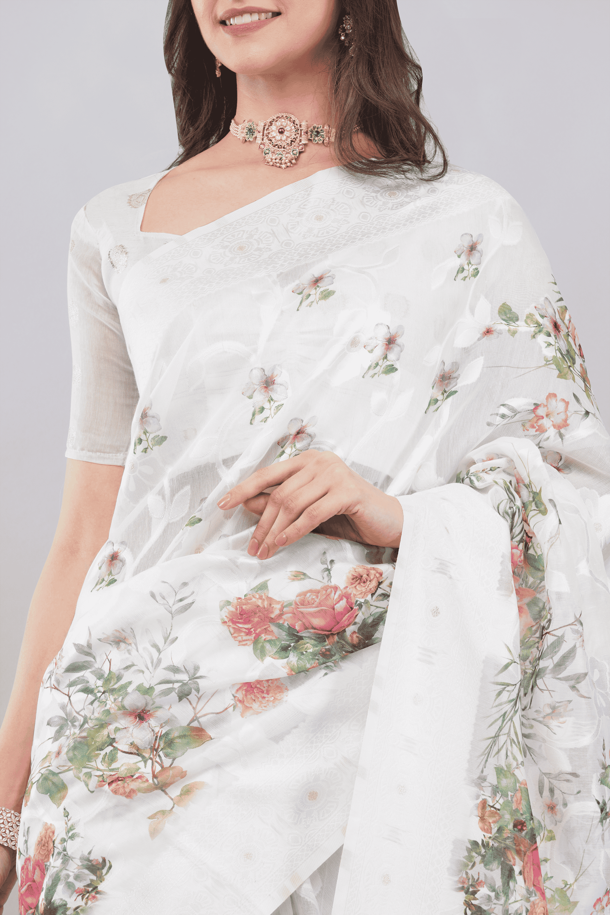 Samantha Off White Multiflora Printed Chanderi Saree with Woven Pallu