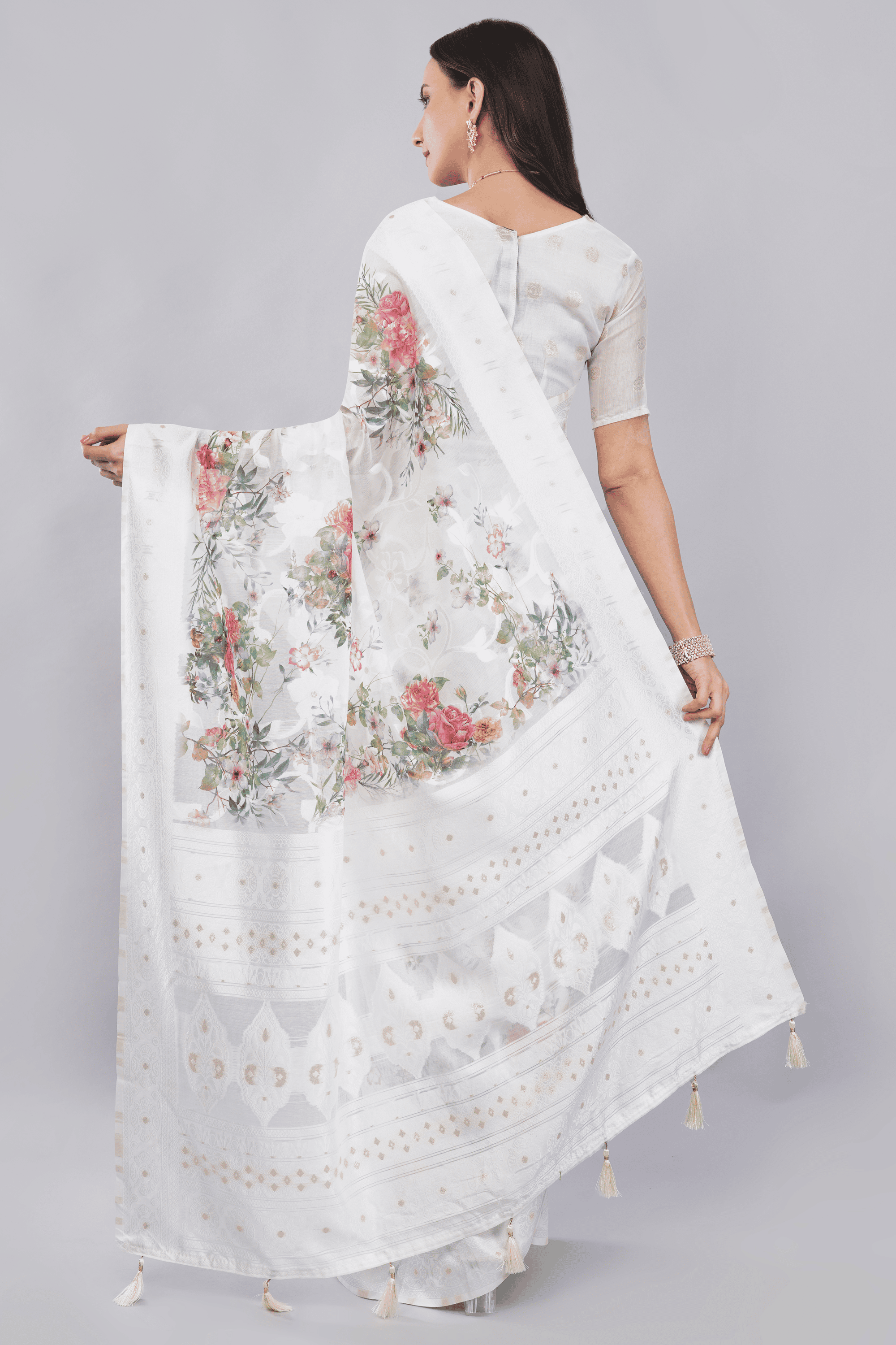 Samantha Off White Multiflora Printed Chanderi Saree with Woven Pallu