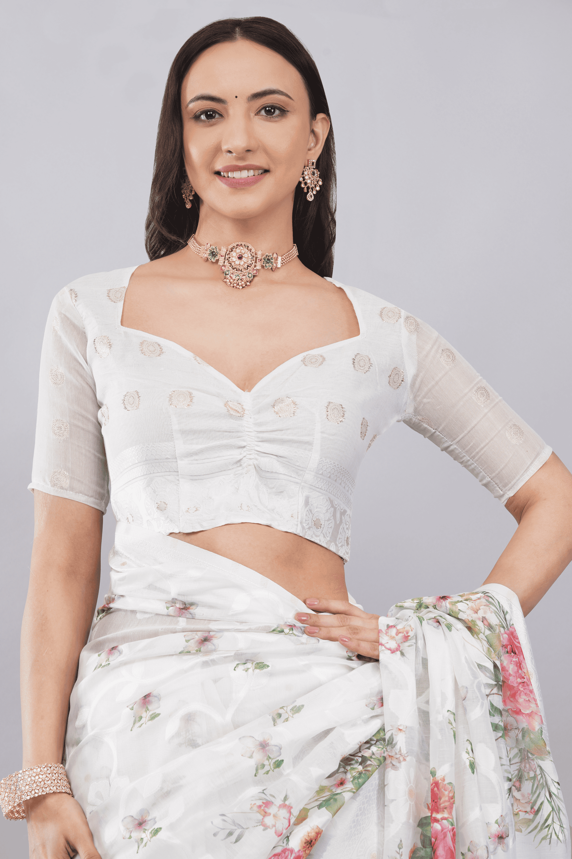 Samantha Off White Multiflora Printed Chanderi Saree with Woven Pallu