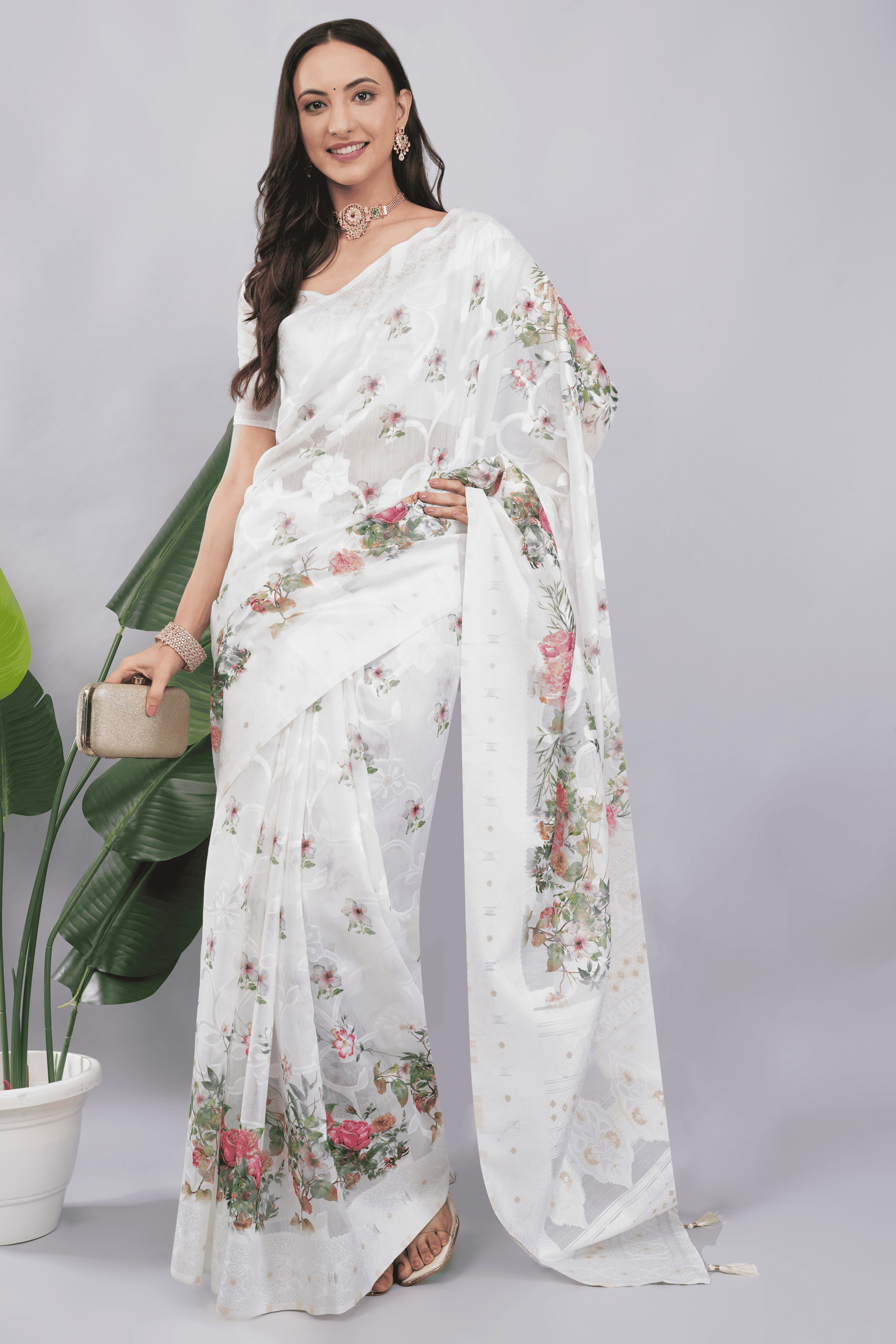 Off white multicolour floral printed Chanderi saree with woven border and tassel pallu by Samantha