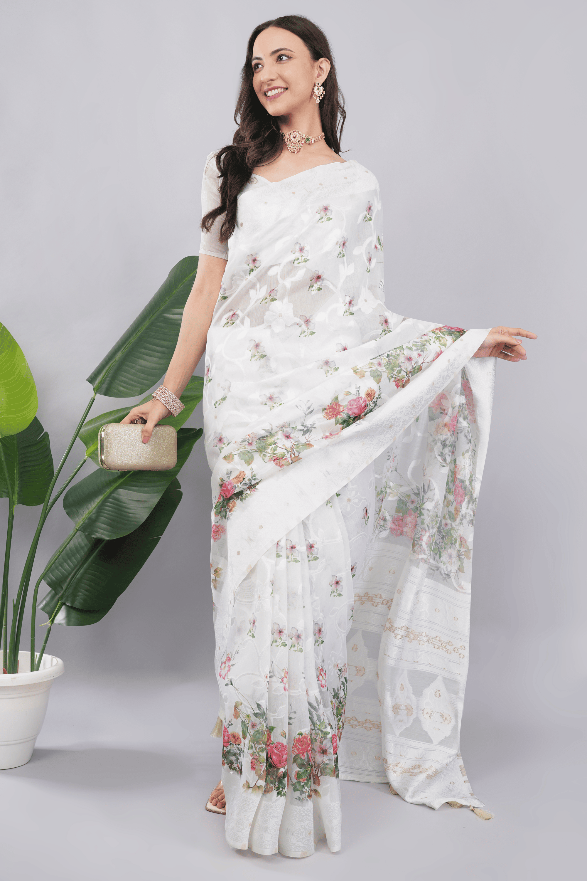 Samantha Off White Multiflora Printed Chanderi Saree with Woven Pallu