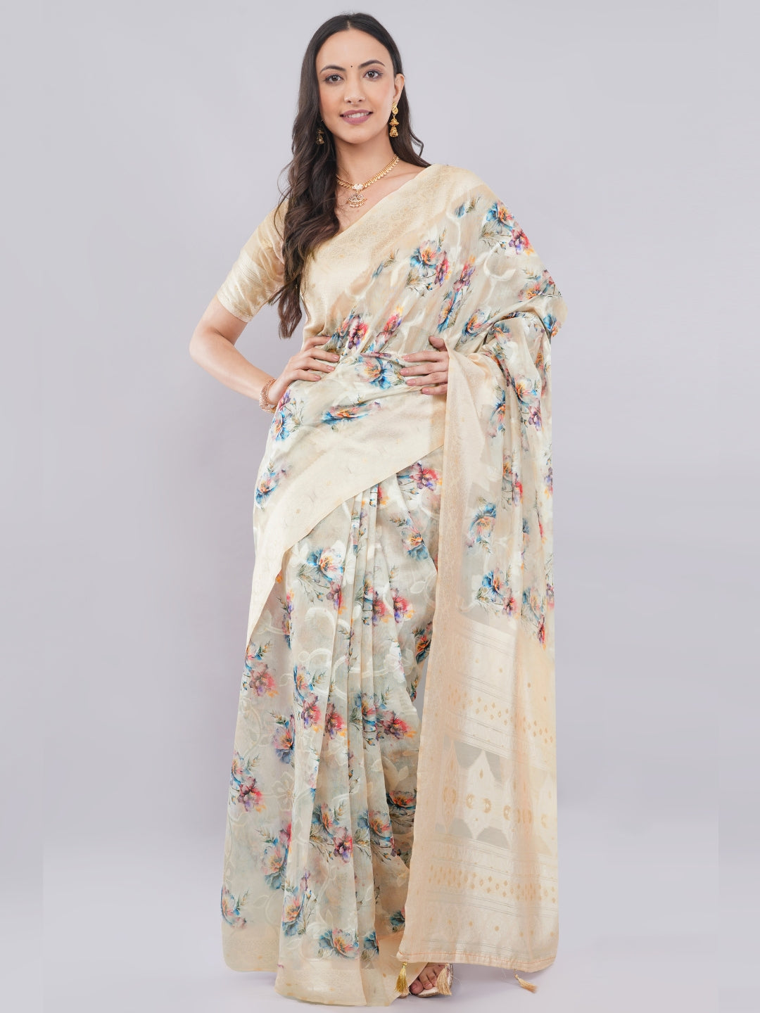 Samantha Off White Rose Cluster Printed Chanderi Saree with Self-Woven Border