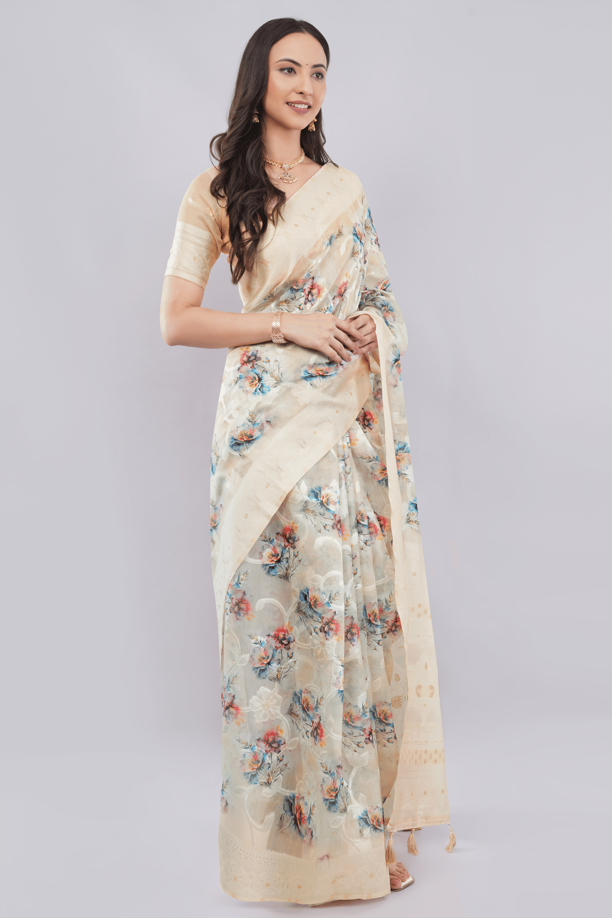 Samantha Off White Rose Cluster Printed Chanderi Saree with Self-Woven Border