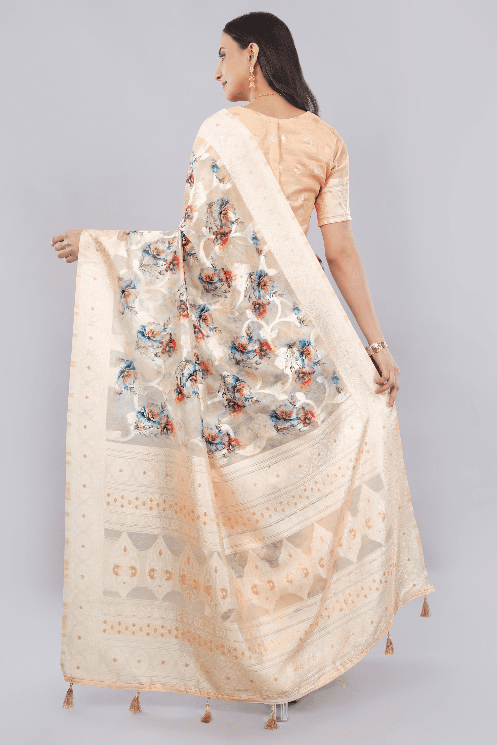 Samantha Off White Rose Cluster Printed Chanderi Saree with Self-Woven Border