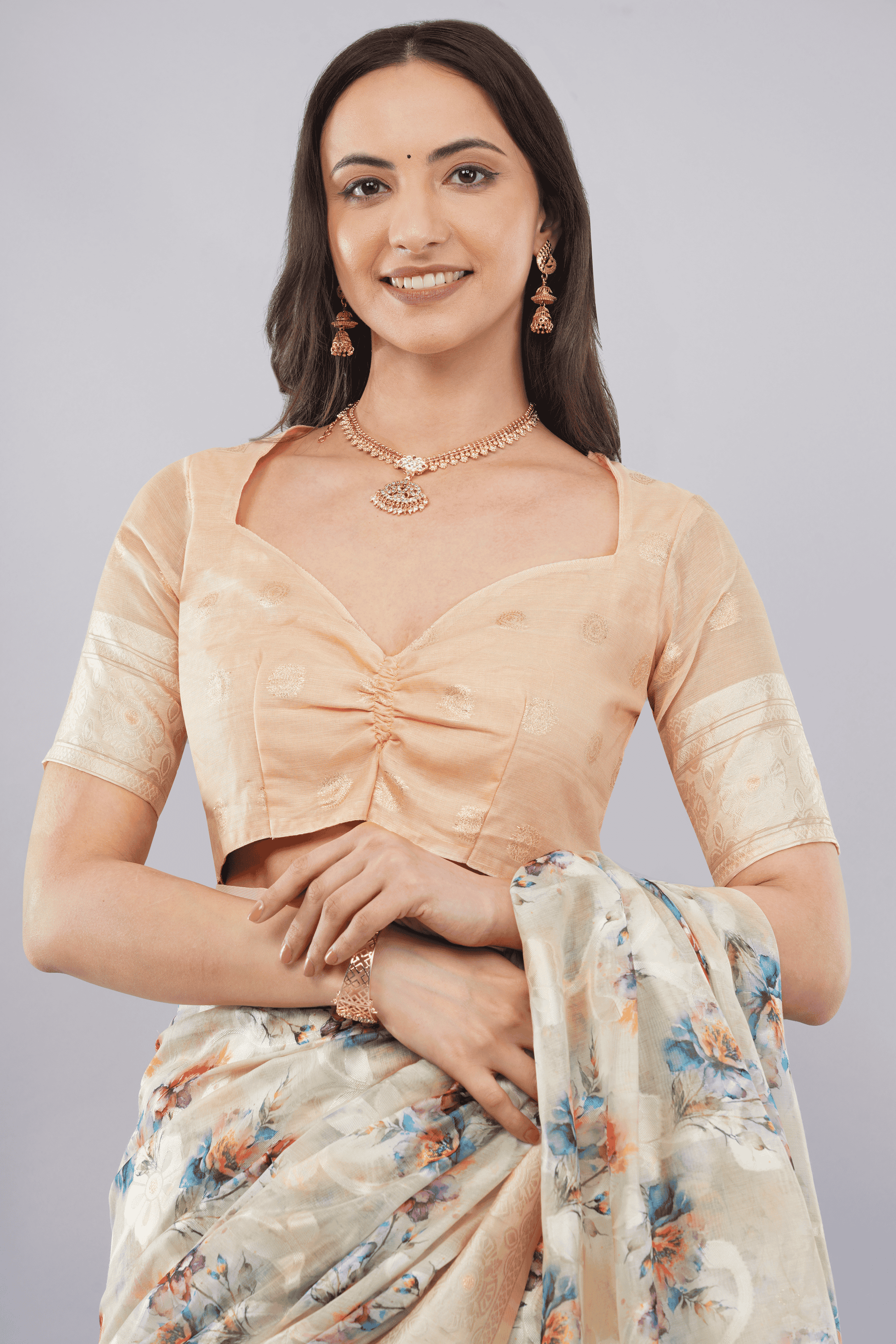 Samantha Off White Rose Cluster Printed Chanderi Saree with Self-Woven Border